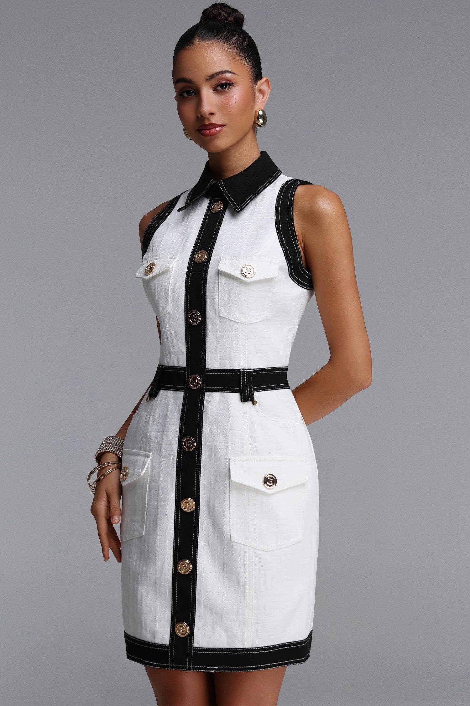 Jye Chic Tailored Shirt Collar Sleeveless Woven Mini Dress	