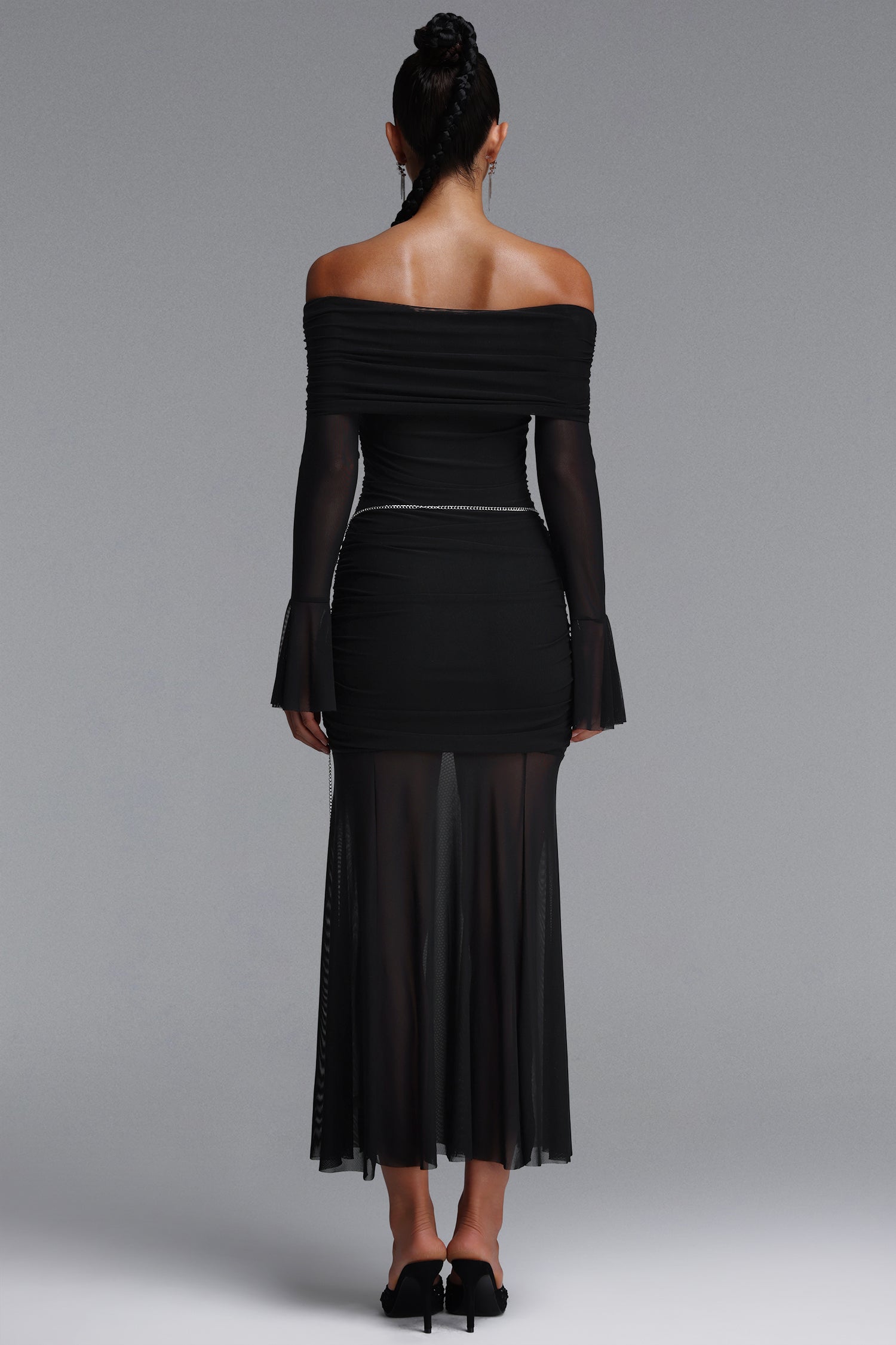 Elaia Sexy Contour Off Shoulder Long Sleeve With Waist Chain Mesh Maxi Dress	