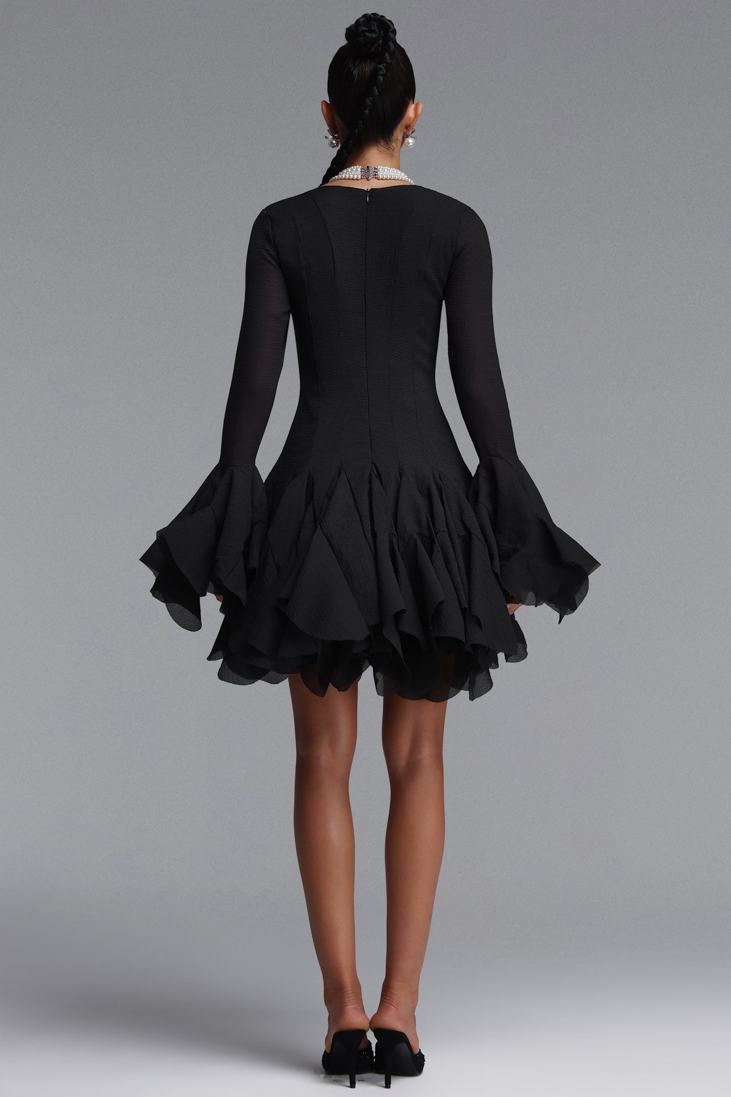 Uhren Vintage Flowy Long Sleeve Ruffle Chiffon Mini Dress	