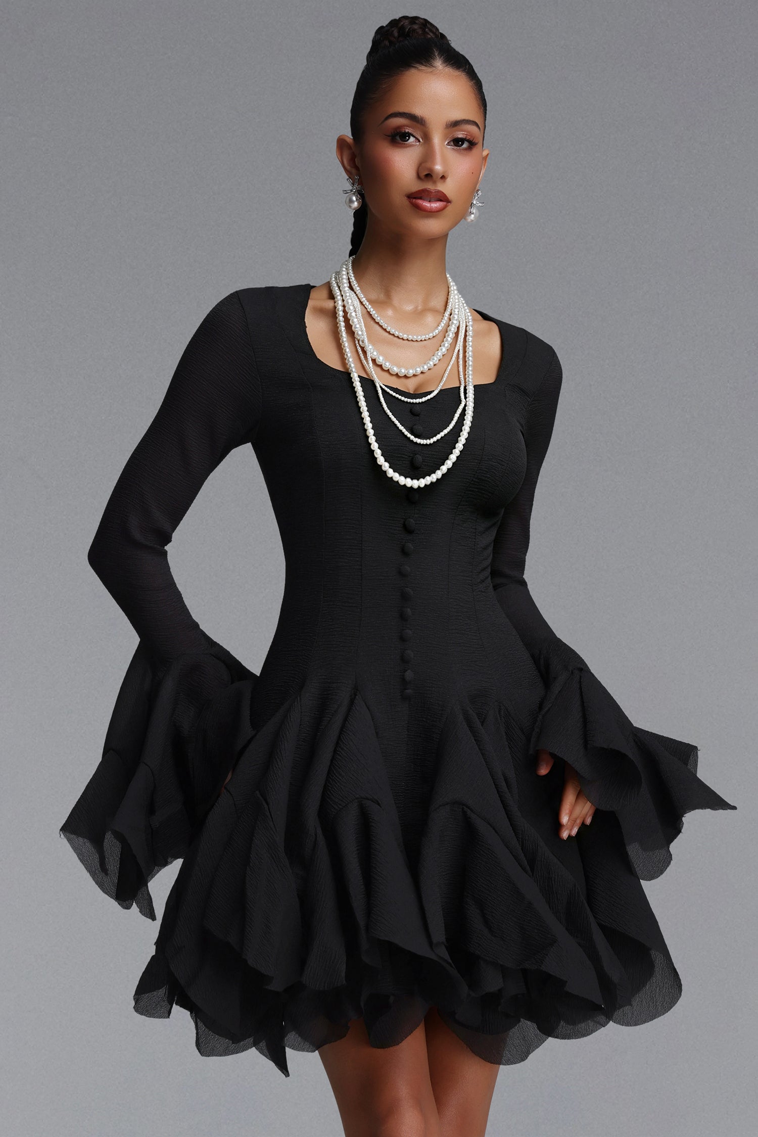Uhren Vintage Flowy Long Sleeve Ruffle Chiffon Mini Dress	
