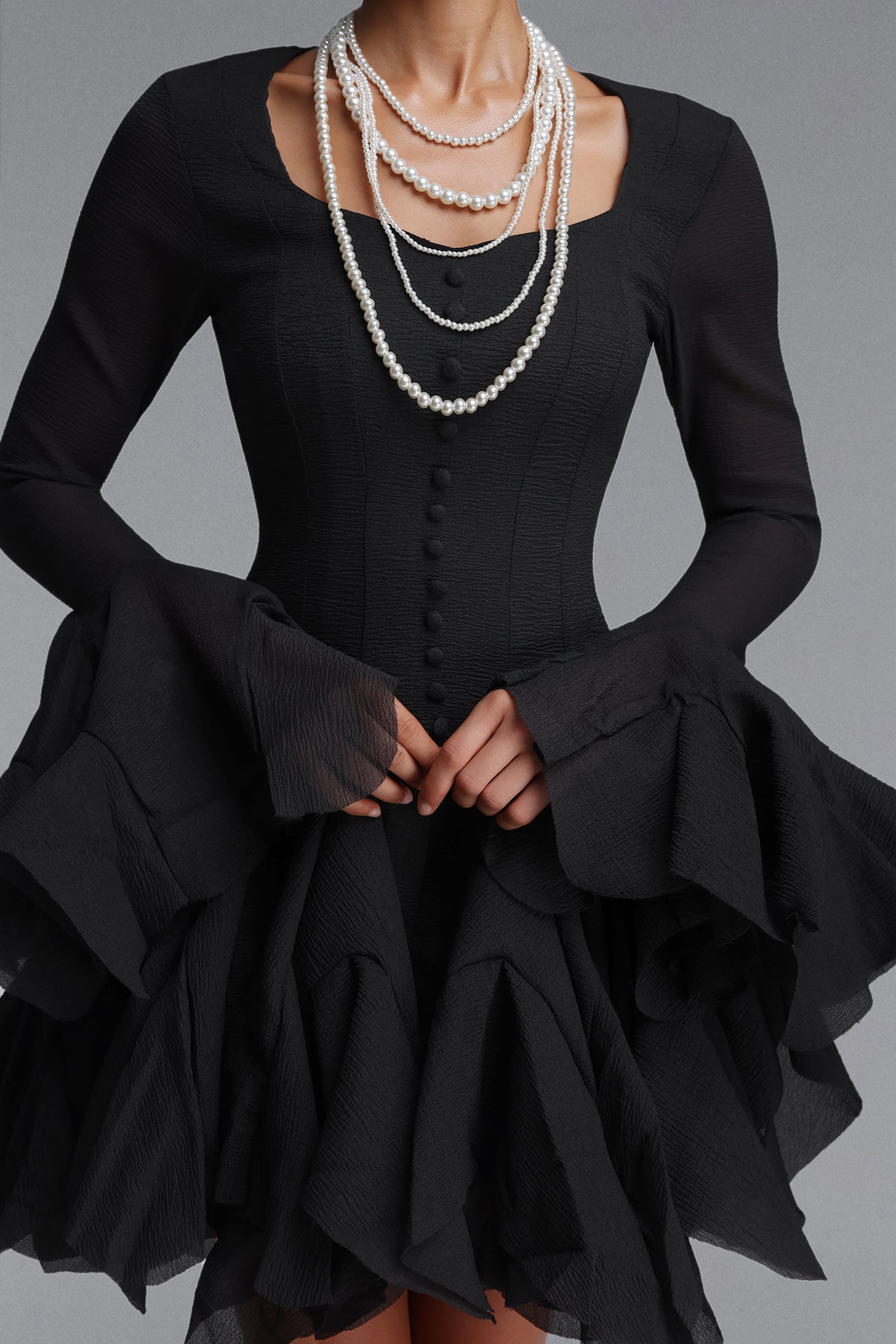 Uhren Vintage Flowy Long Sleeve Ruffle Chiffon Mini Dress	