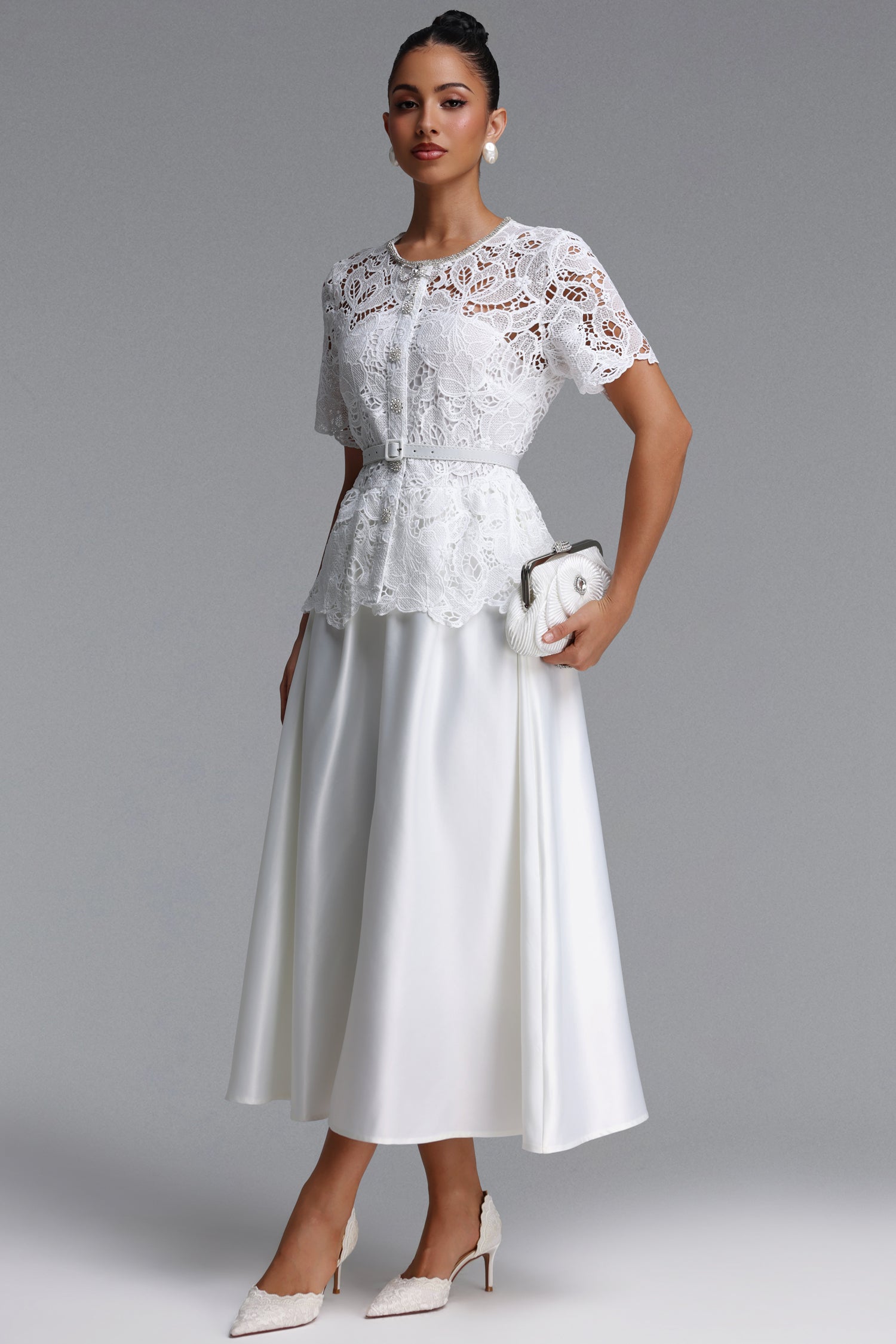 Loretta Elegant Tailored Short Sleeve Floral Lace Maxi Dress	