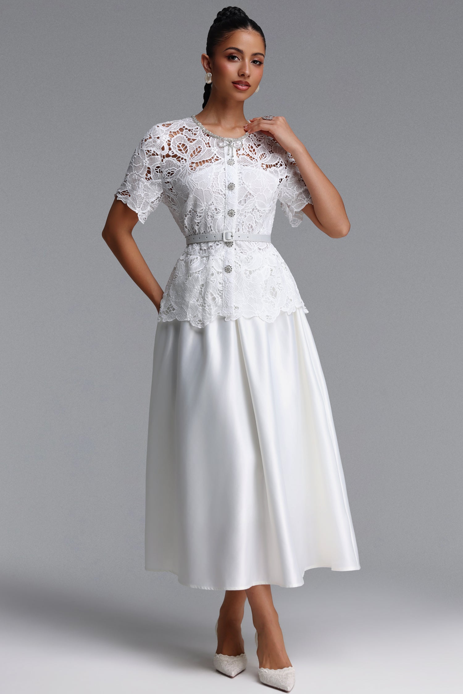 Loretta Elegant Tailored Short Sleeve Floral Lace Maxi Dress	