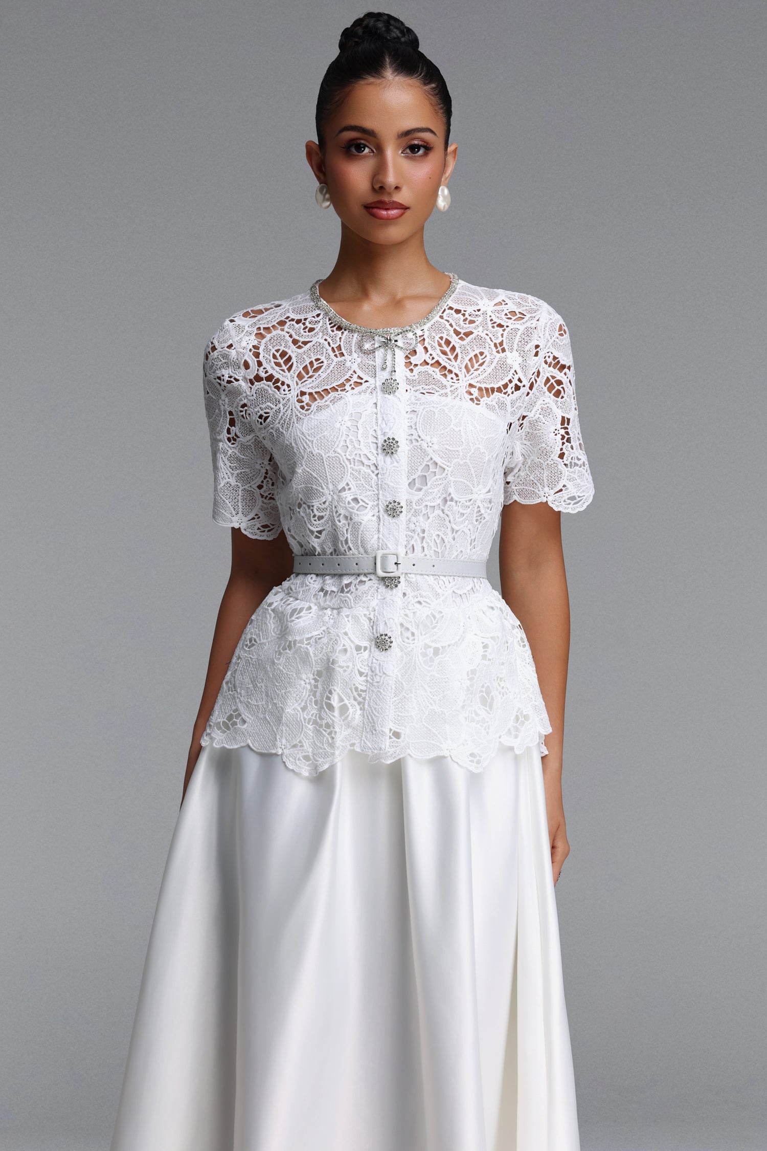 Loretta Elegant Tailored Short Sleeve Floral Lace Maxi Dress	