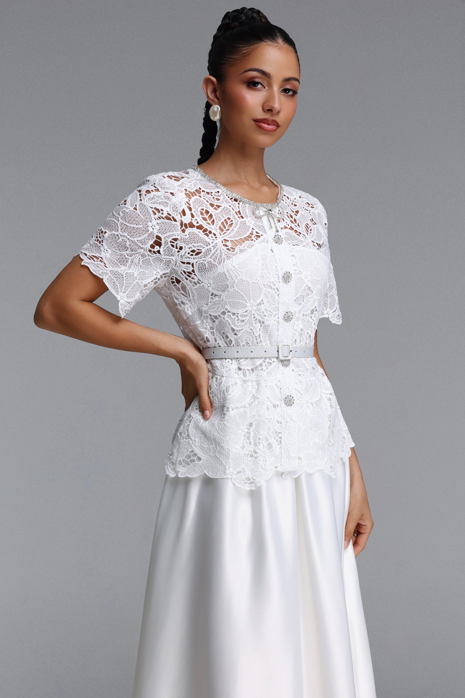 Loretta Elegant Tailored Short Sleeve Floral Lace Maxi Dress	