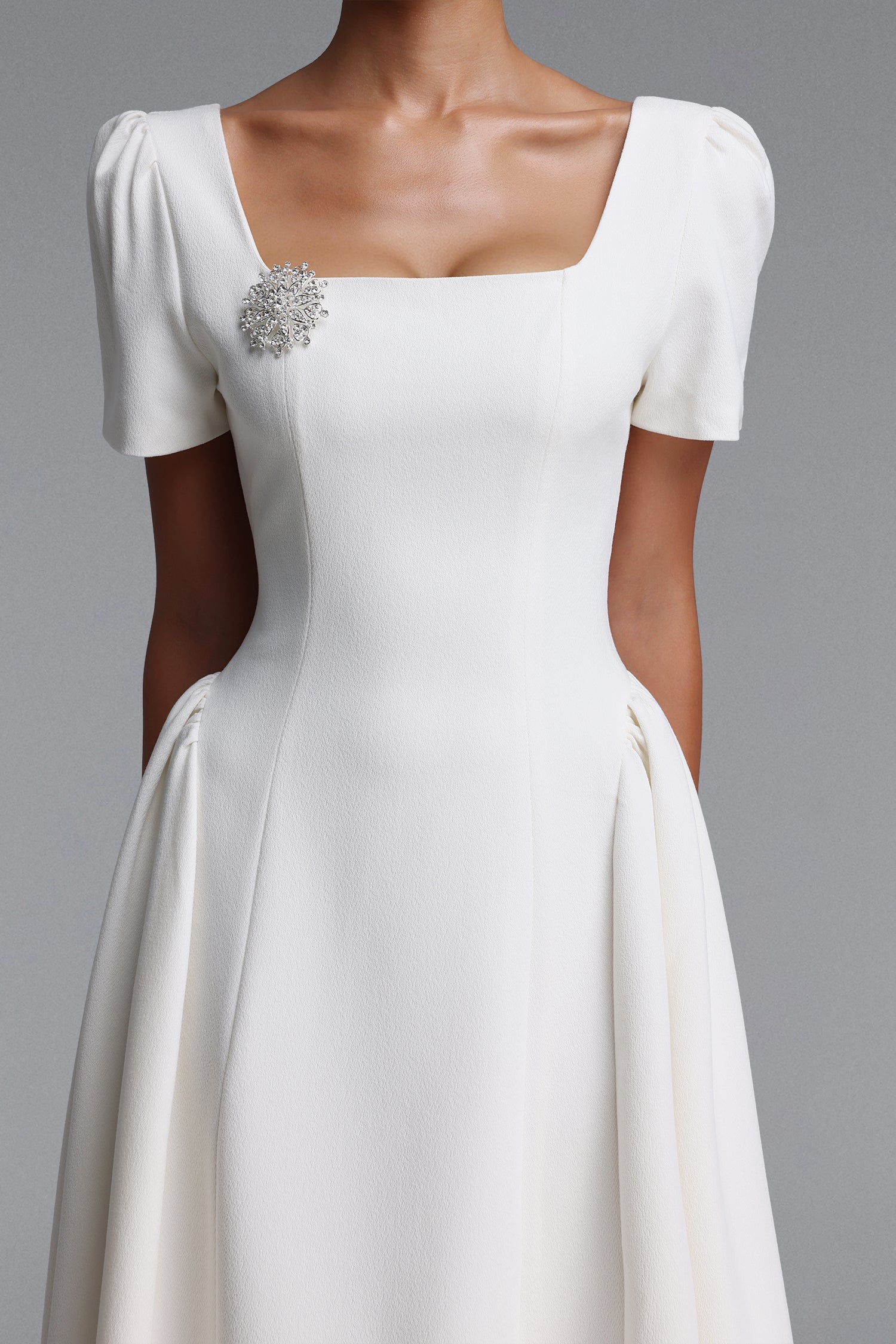 Verza Elegant Tailored Short Sleeve Rhinestone Woven White Maxi Dress	