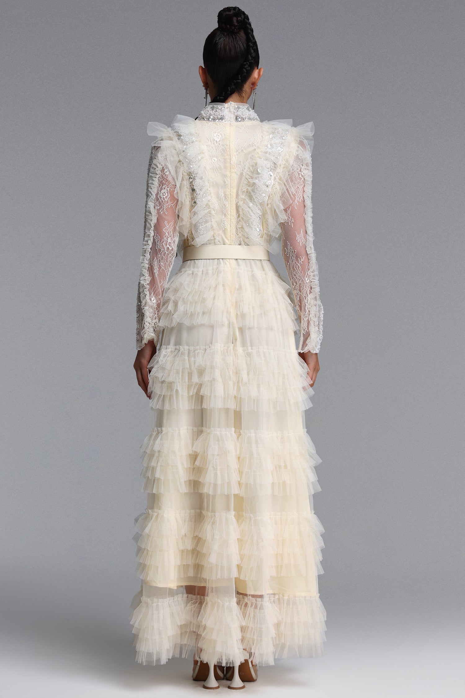 Farera Romantic Flowy Long Sleeve Sequin Floral Tiered Ruffle Tulle Maxi Dress	
