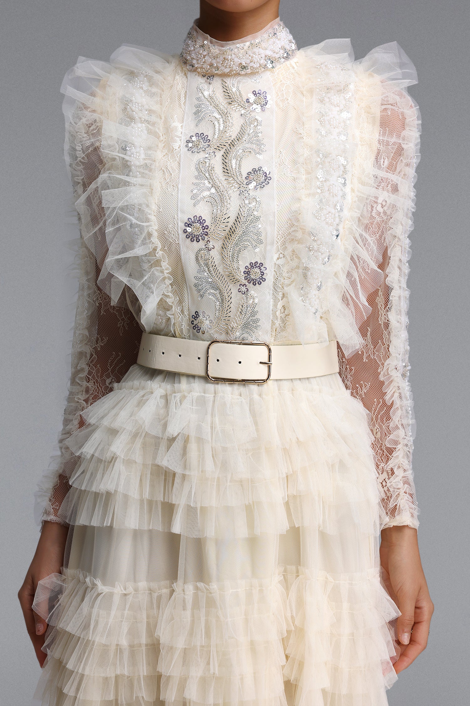 Farera Romantic Flowy Long Sleeve Sequin Floral Tiered Ruffle Tulle Maxi Dress	