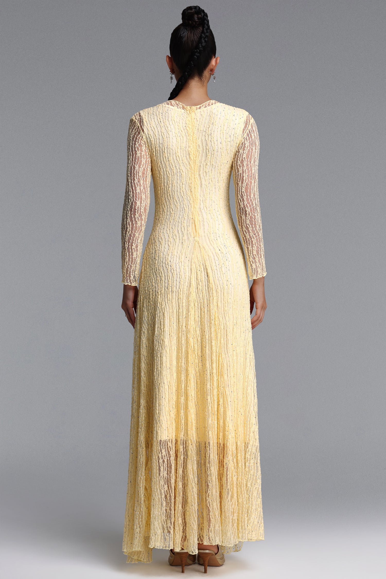 Taylor Elegant Contour Long Sleeve Diamond Draped Lace Apricot Maxi Dress	