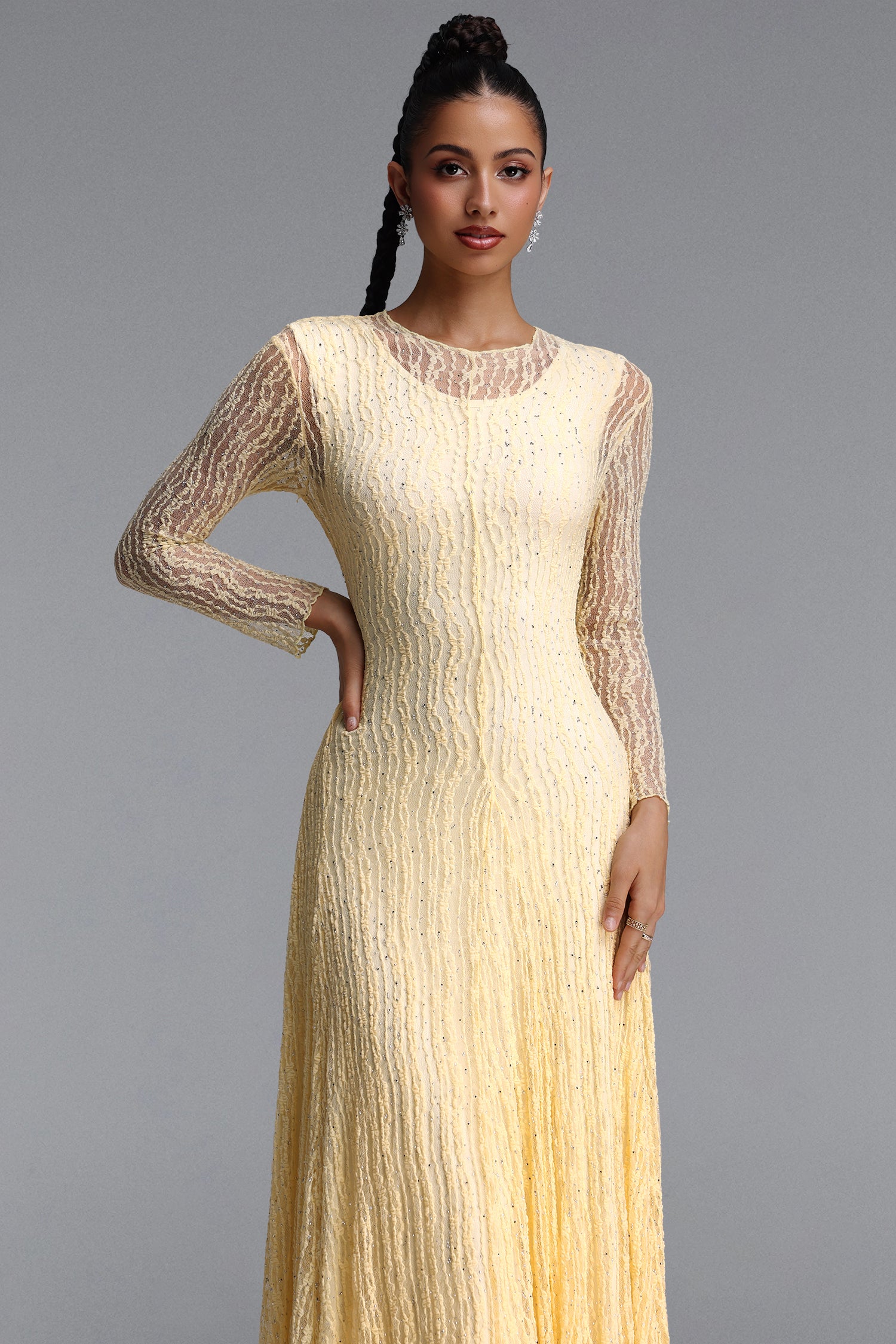 Taylor Elegant Contour Long Sleeve Diamond Draped Lace Apricot Maxi Dress	