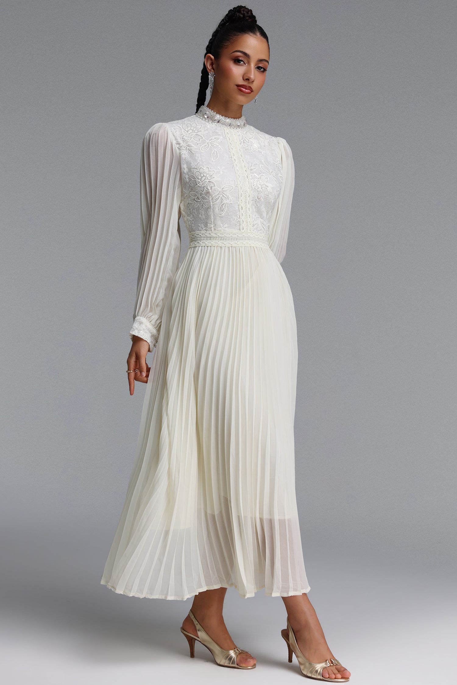 Hunter Romantic Flowy Floral Embroidered Sequin Pleated Chiffon Maxi Dress	