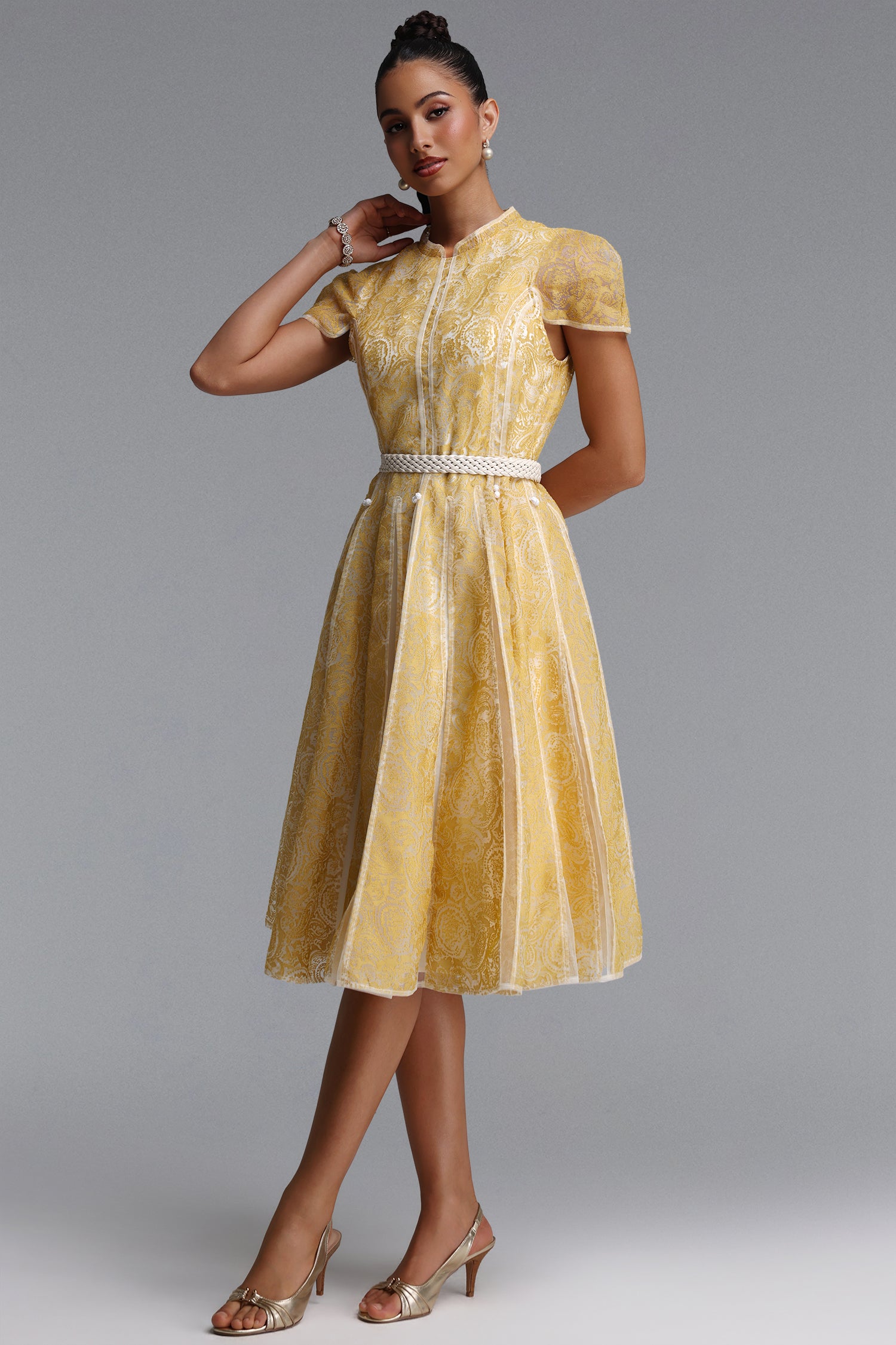 Rosita Elegant Cinched Waist Stand Collar Short?Sleeve Paisley Woven Maxi Dress	