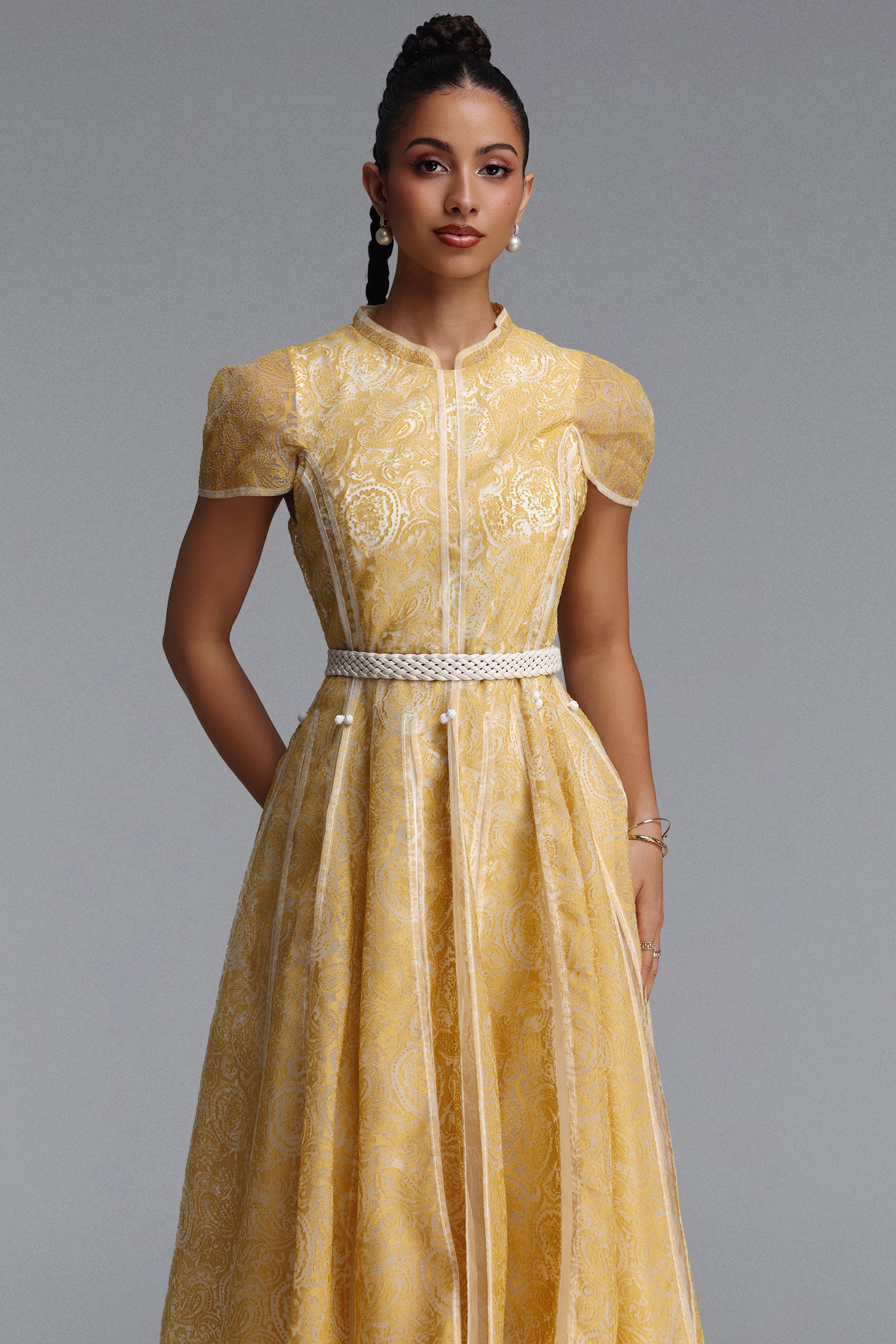 Rosita Elegant Cinched Waist Stand Collar Short?Sleeve Paisley Woven Maxi Dress	