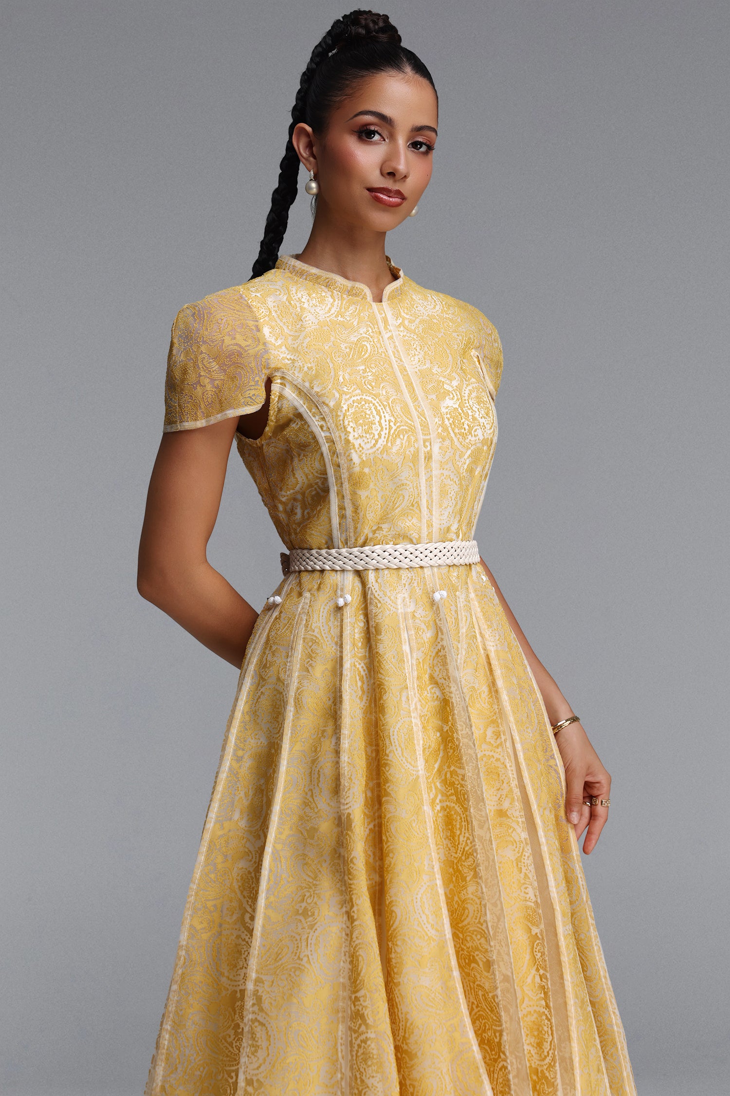 Rosita Elegant Cinched Waist Stand Collar Short?Sleeve Paisley Woven Maxi Dress	