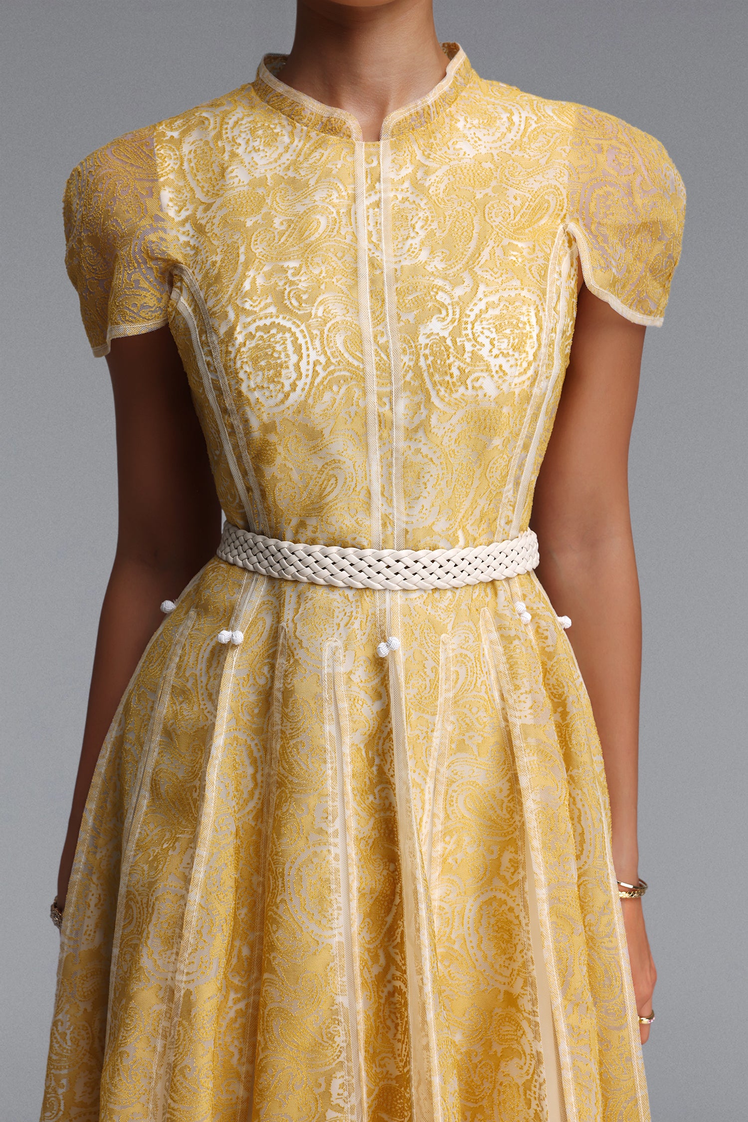 Rosita Elegant Cinched Waist Stand Collar Short?Sleeve Paisley Woven Maxi Dress	