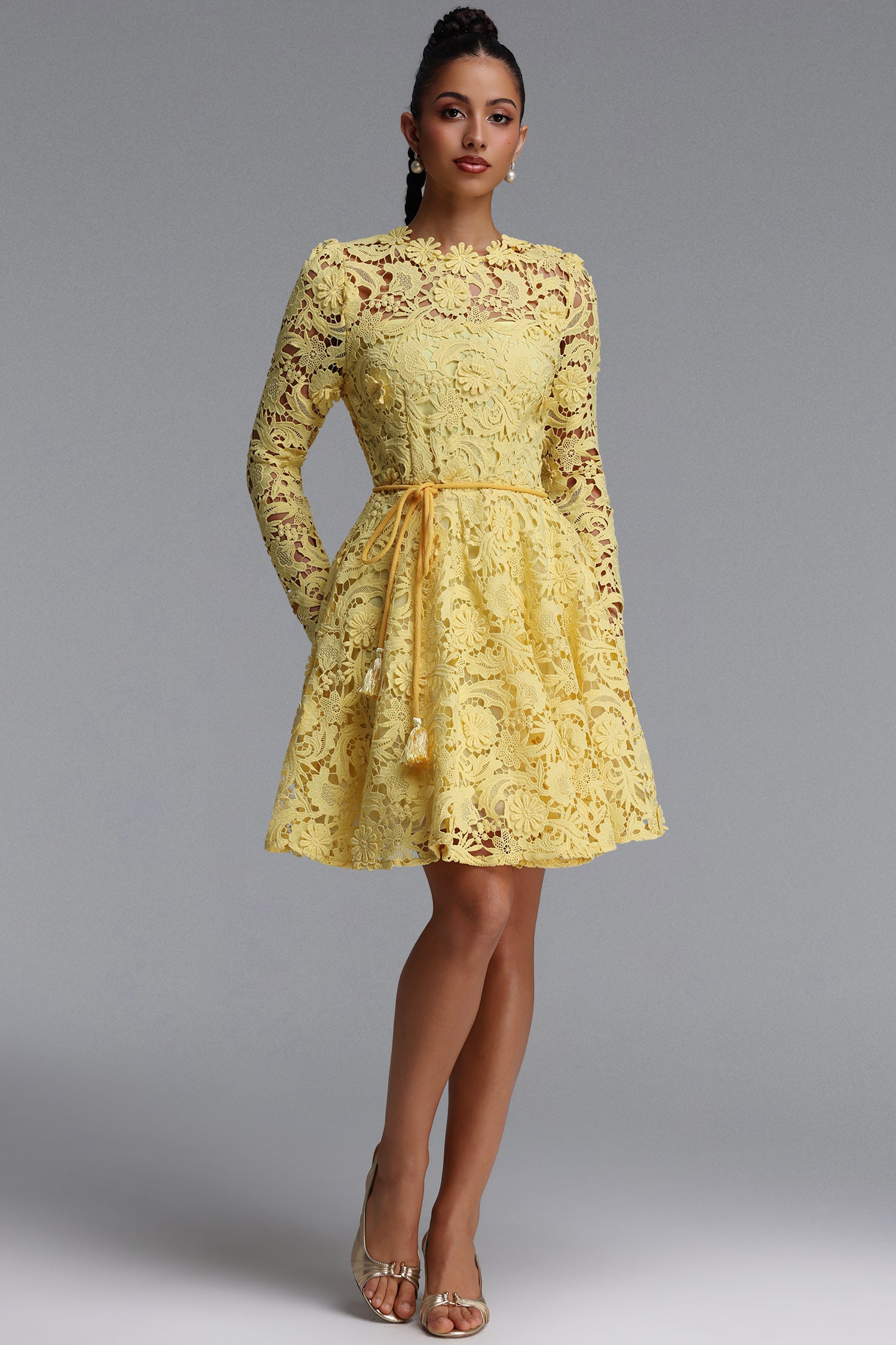 Emmeline Romantic Tailored Long Sleeve Floral Lace Mini Dress	