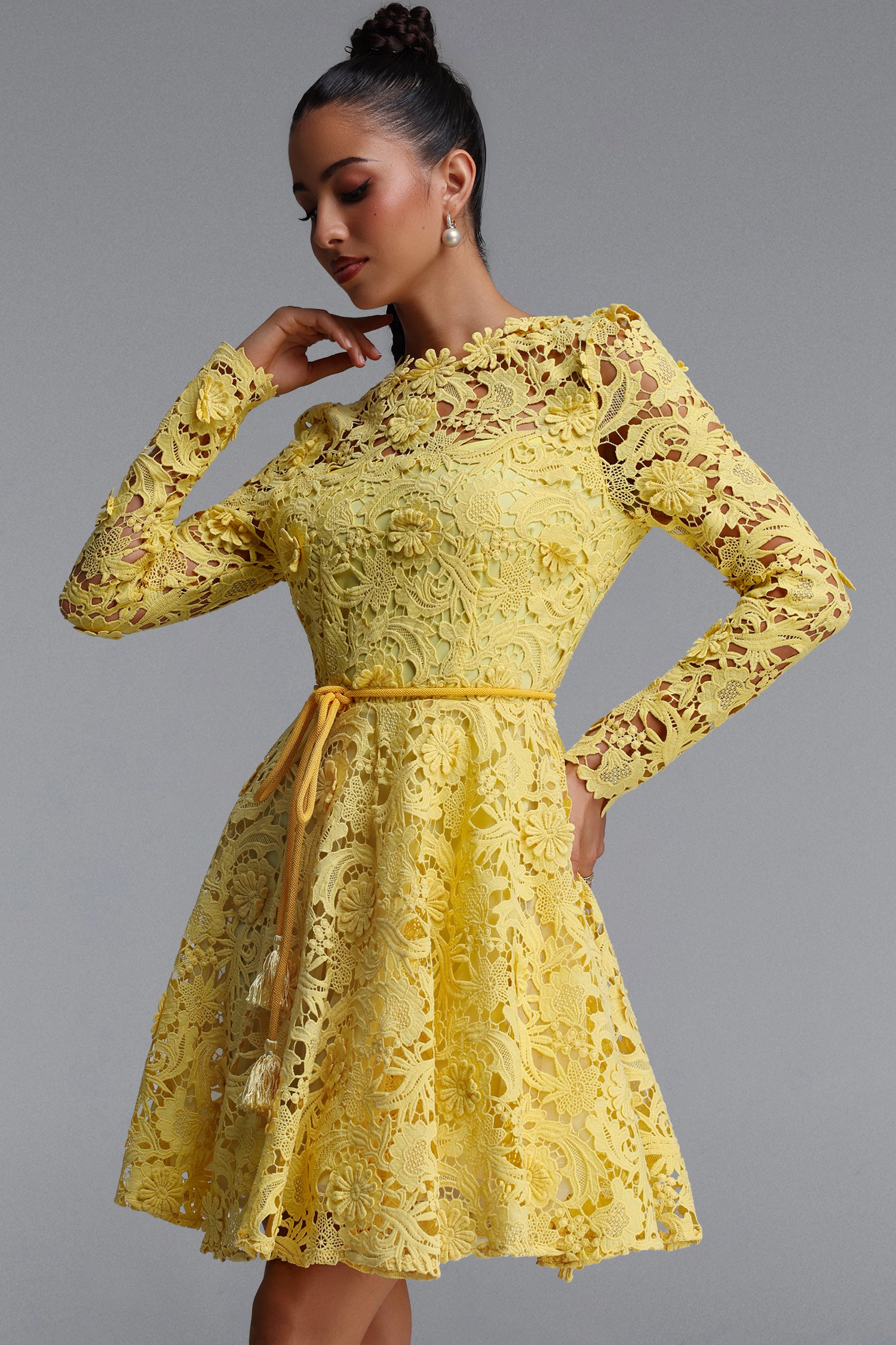 Emmeline Romantic Tailored Long Sleeve Floral Lace Mini Dress	