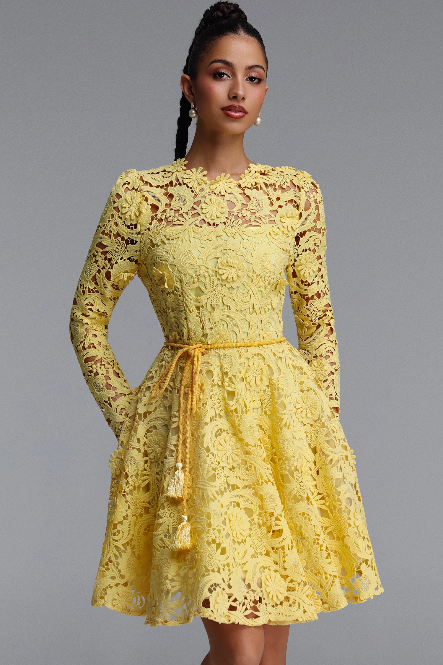 Emmeline Romantic Tailored Long Sleeve Floral Lace Mini Dress	