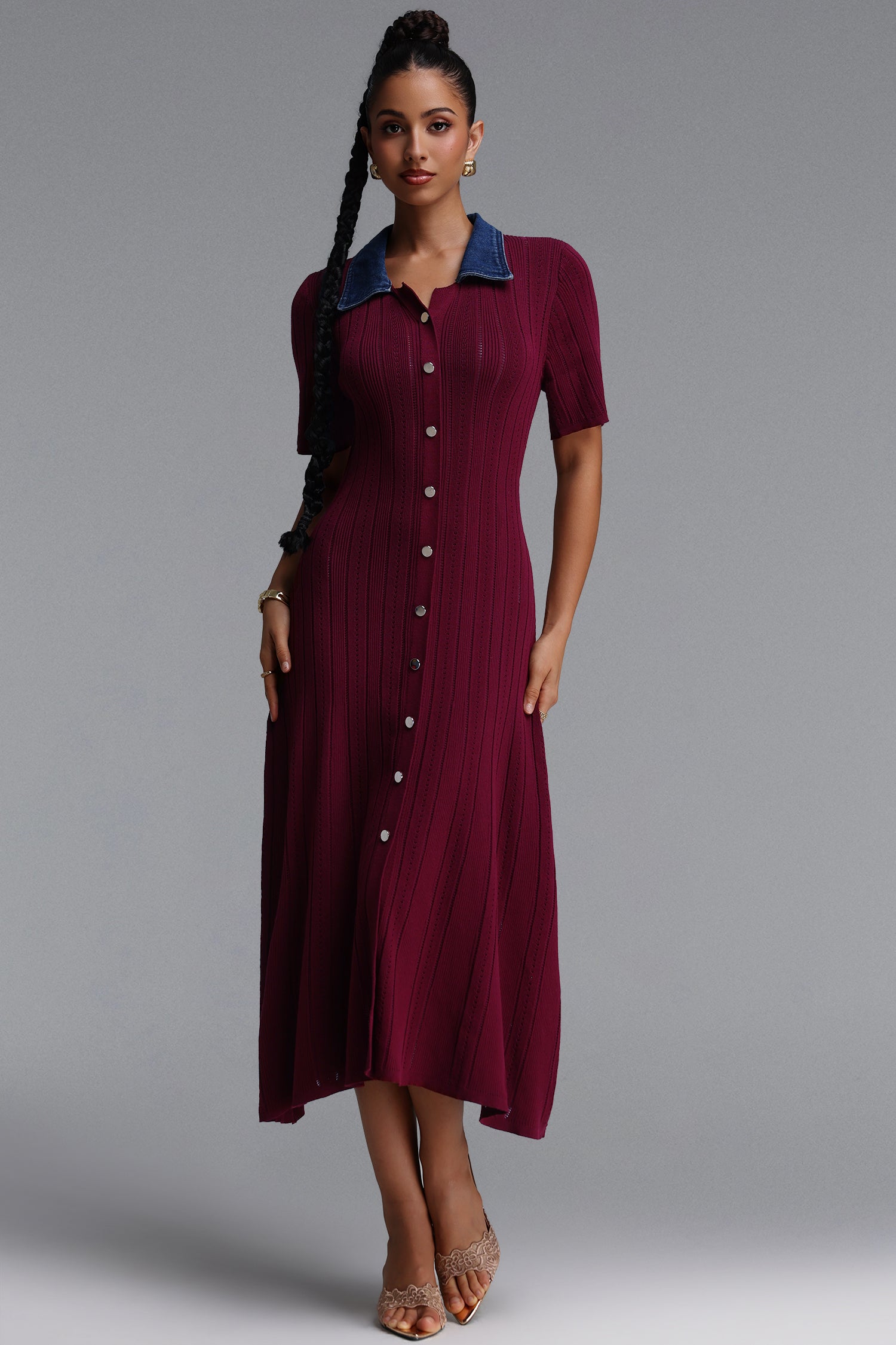 Vivian Elegant Contour Short Sleeve Knit Maxi Dress	