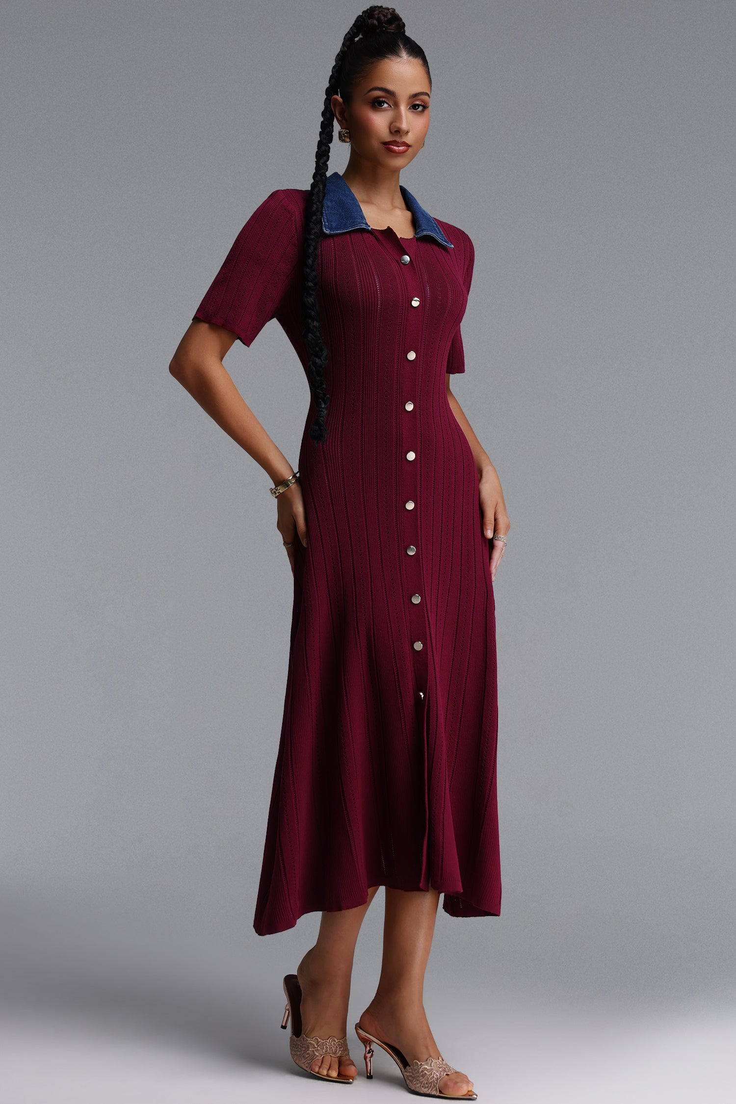 Vivian Elegant Contour Short Sleeve Knit Maxi Dress	