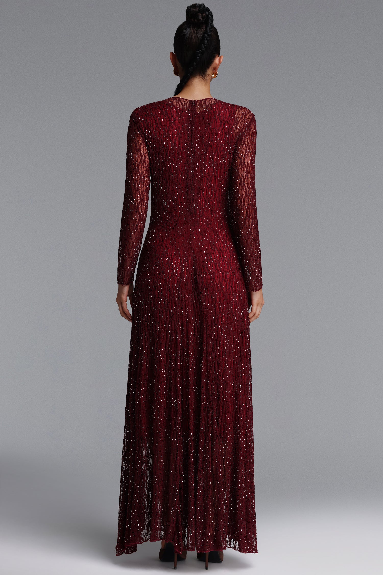 Taylor Elegant Contour Long Sleeve Diamond Draped Lace Red Maxi Dress	
