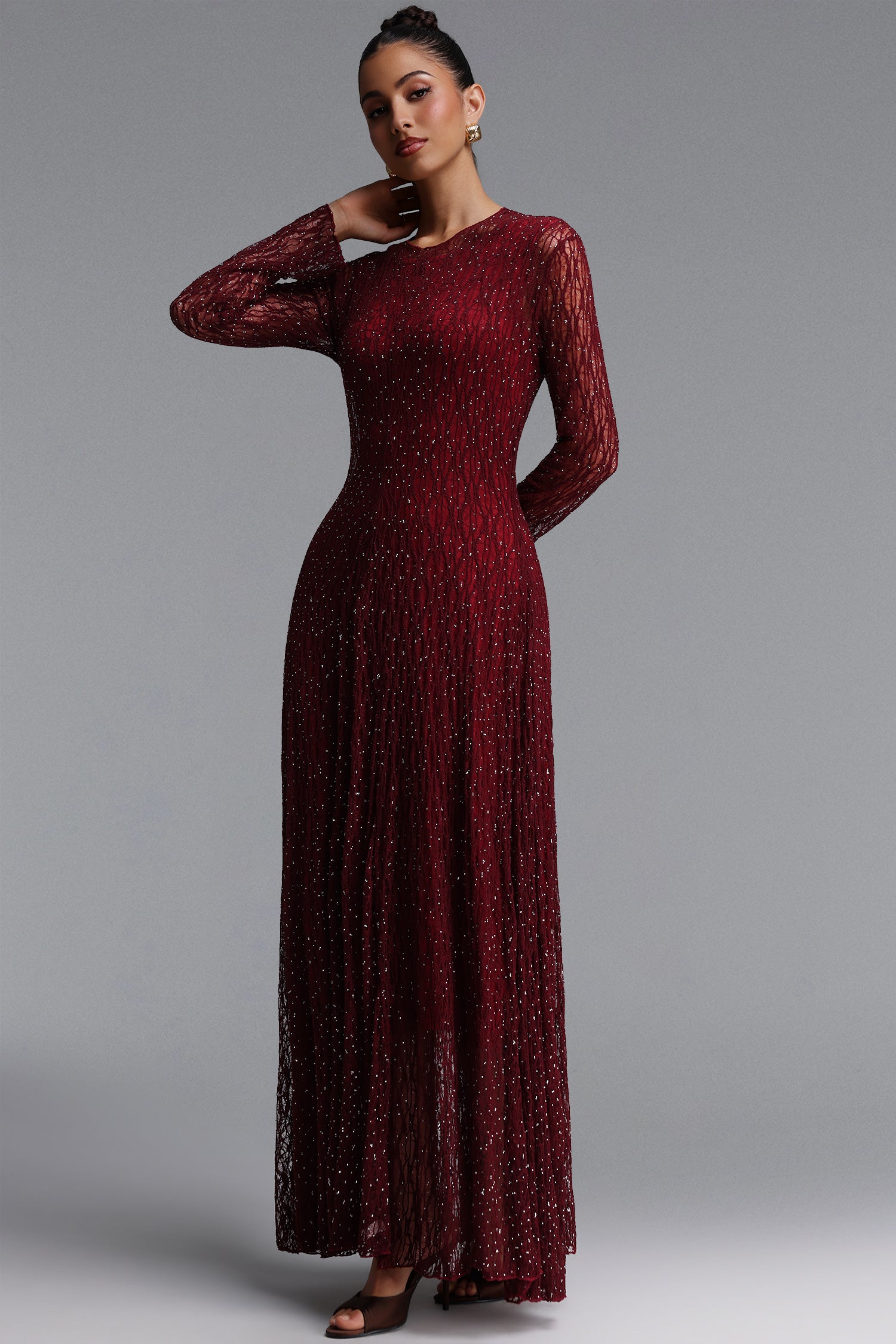 Taylor Elegant Contour Long Sleeve Diamond Draped Lace Red Maxi Dress	