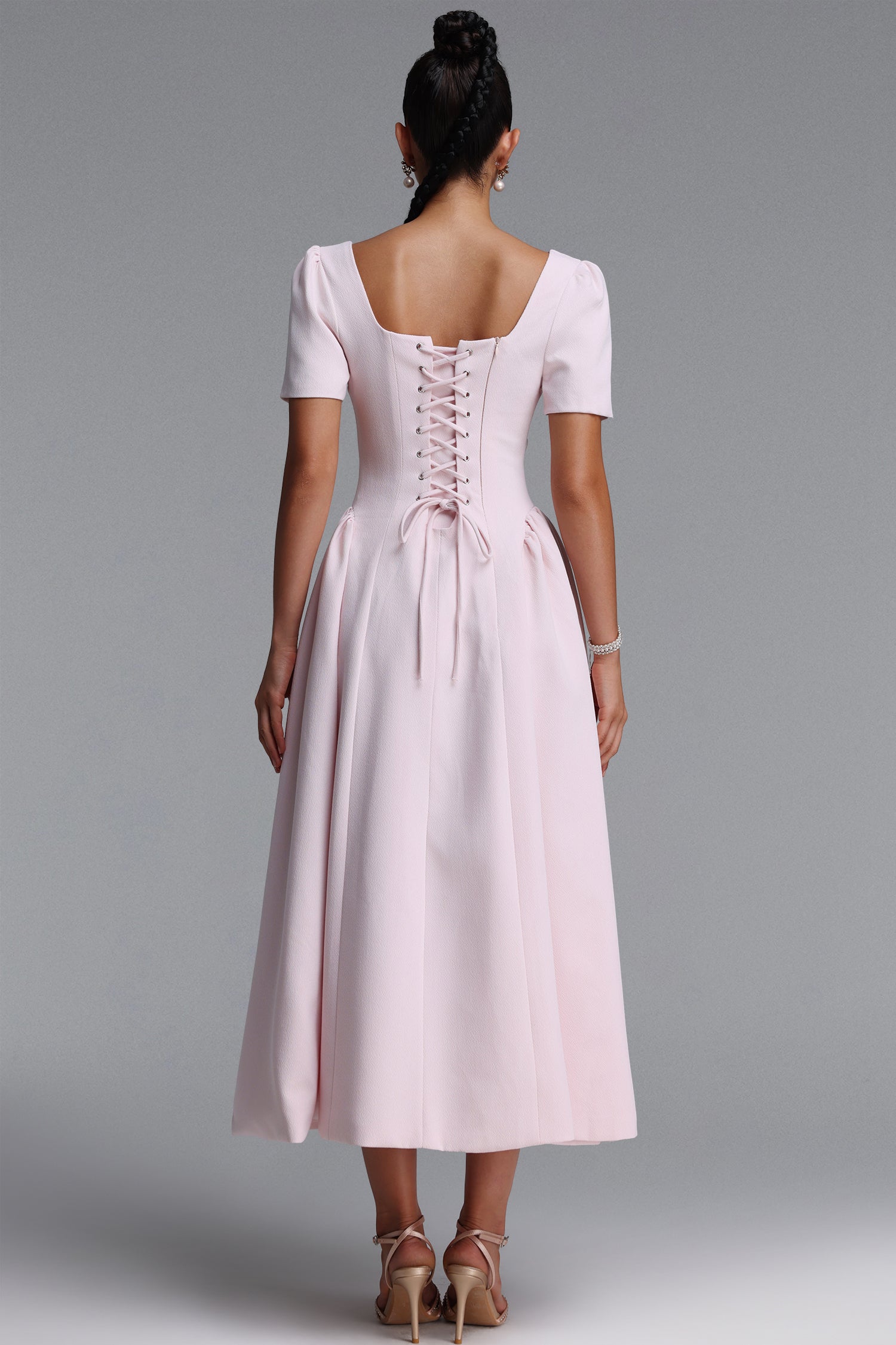 Verza Elegant Tailored Short Sleeve Rhinestone Woven Pink Maxi Dress	