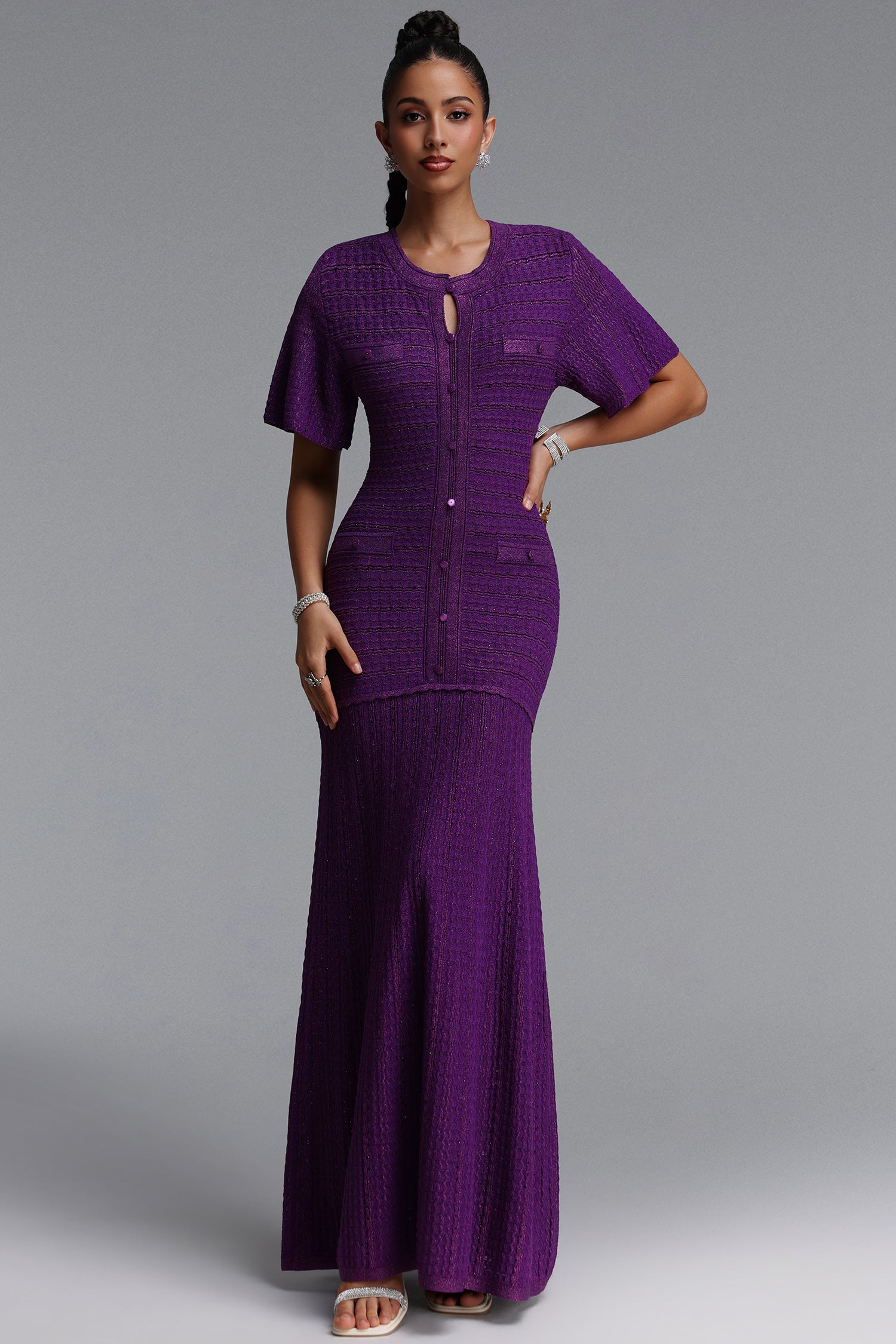 Melany Elegant Contour Round Neck Short Sleeve Knit Maxi Dress	