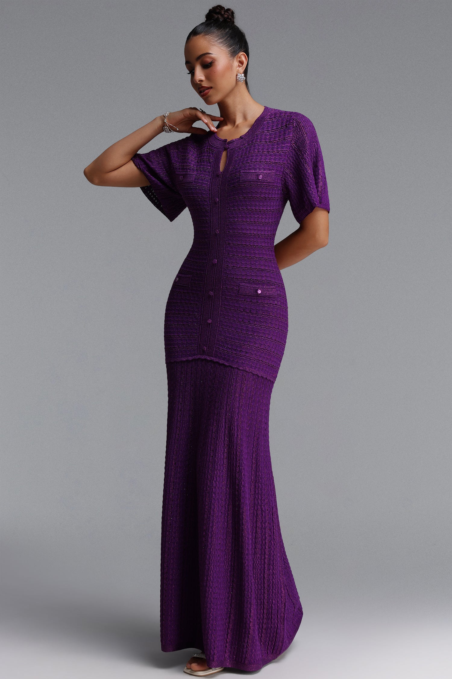 Melany Elegant Contour Round Neck Short Sleeve Knit Maxi Dress	
