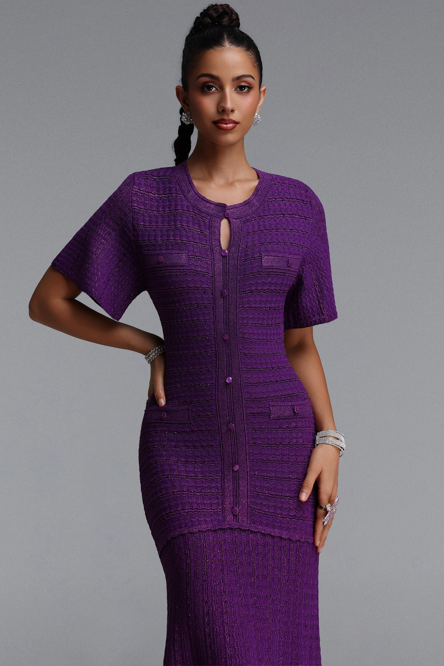 Melany Elegant Contour Round Neck Short Sleeve Knit Maxi Dress	