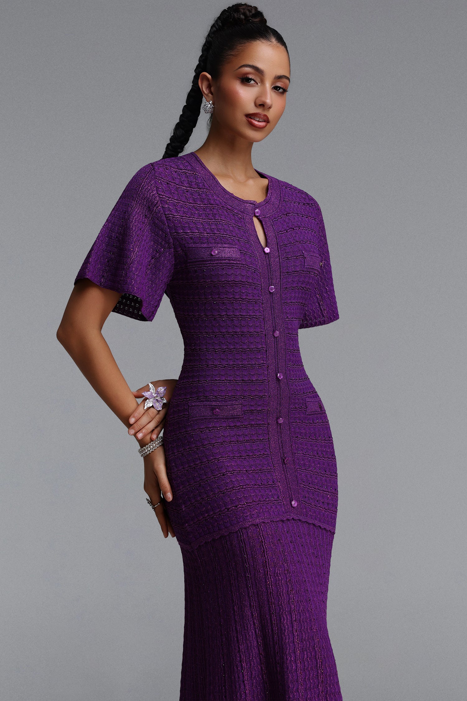 Melany Elegant Contour Round Neck Short Sleeve Knit Maxi Dress	