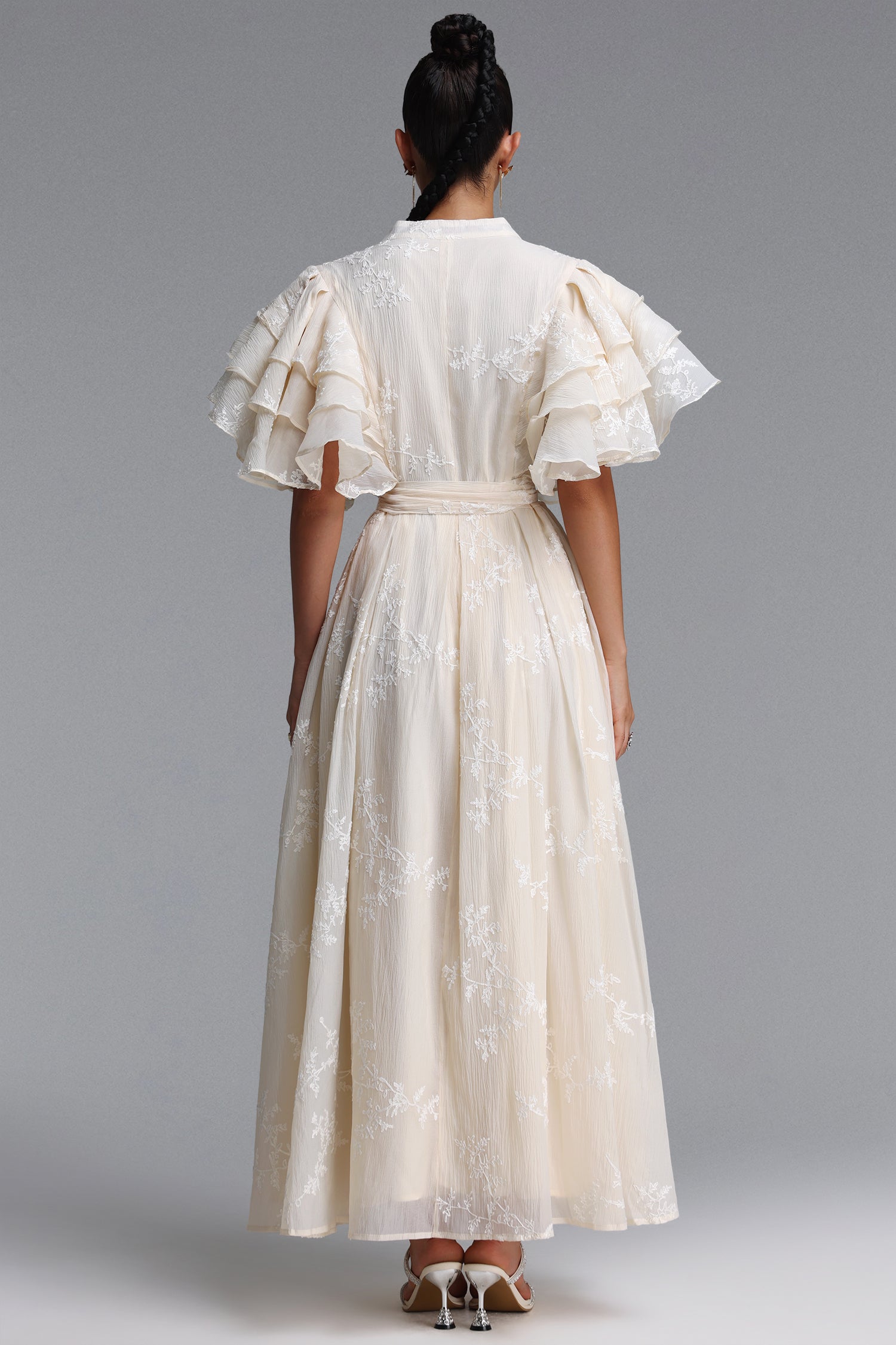 Elin Romantic Flowy Floral Embroidered Ruffle Woven Maxi Dress	