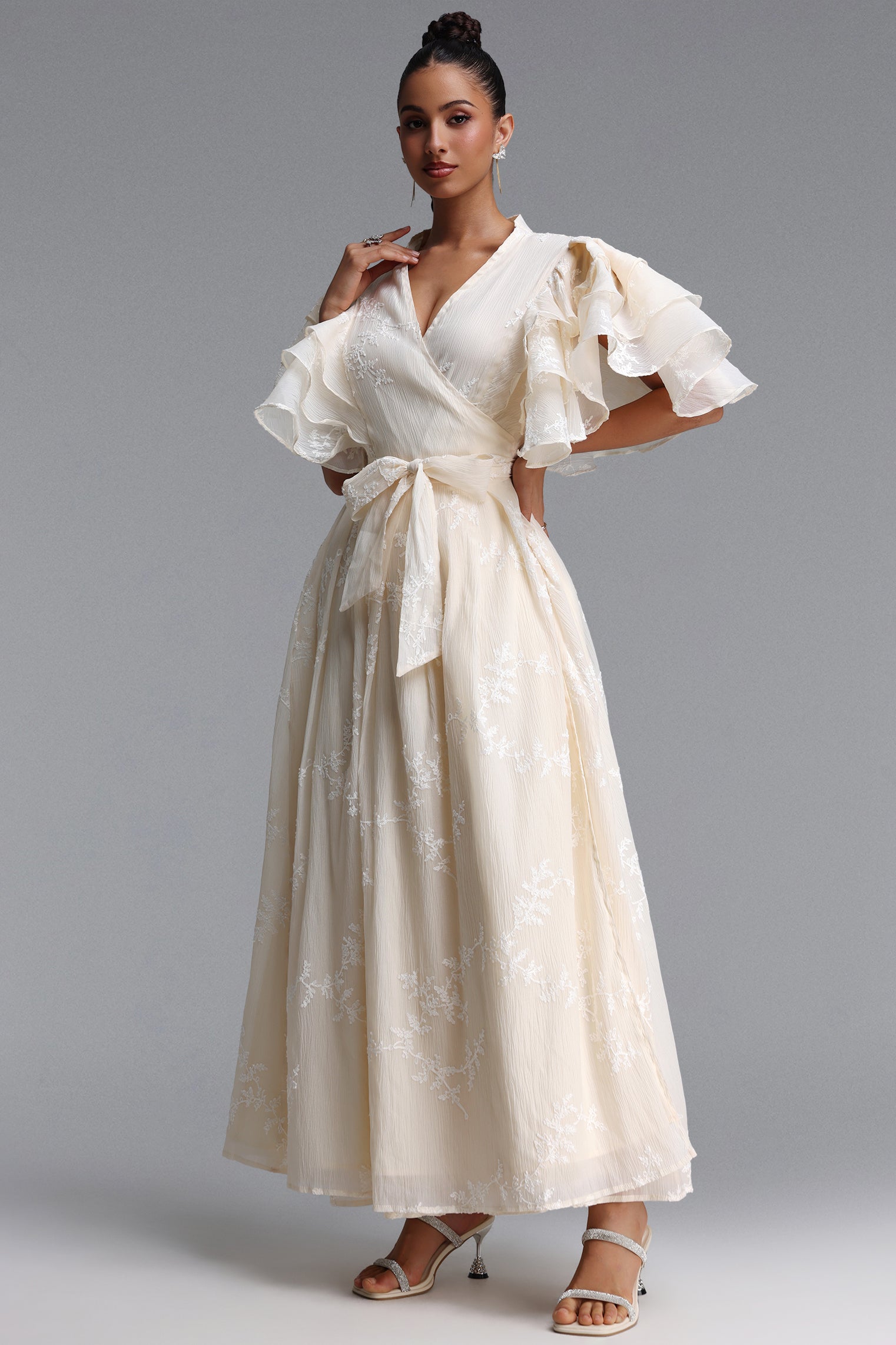 Elin Romantic Flowy Floral Embroidered Ruffle Woven Maxi Dress	