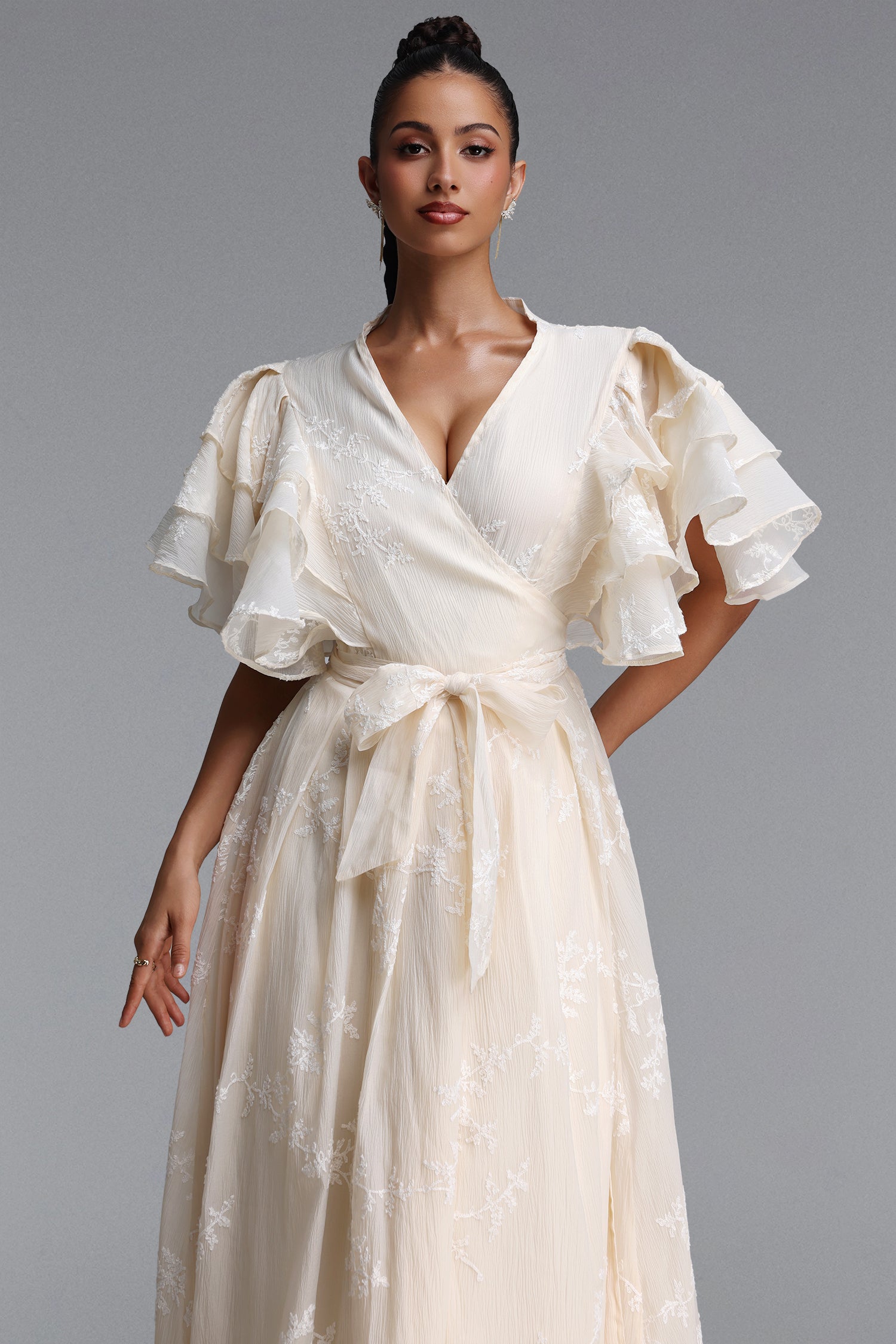 Elin Romantic Flowy Floral Embroidered Ruffle Woven Maxi Dress	