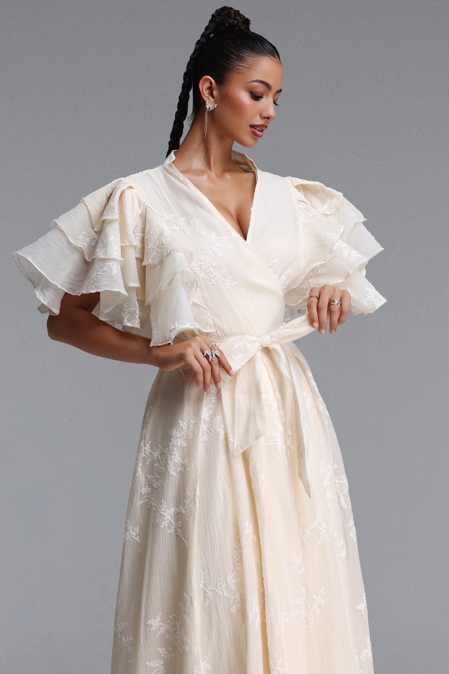 Elin Romantic Flowy Floral Embroidered Ruffle Woven Maxi Dress	