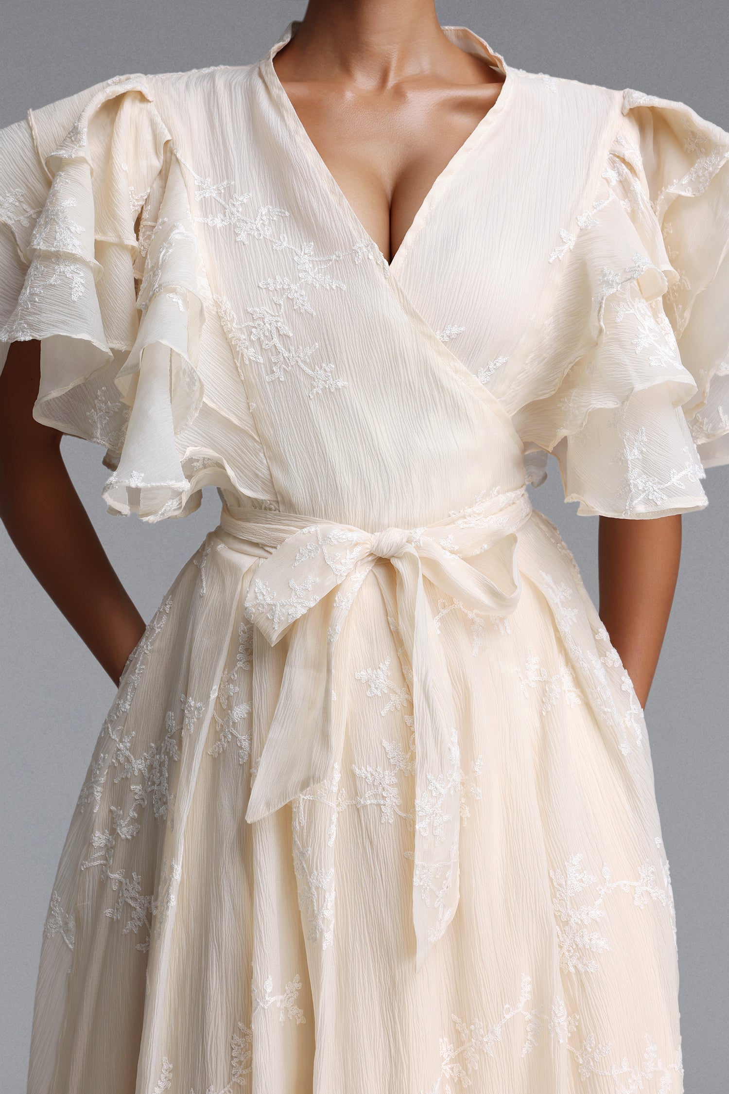 Elin Romantic Flowy Floral Embroidered Ruffle Woven Maxi Dress	