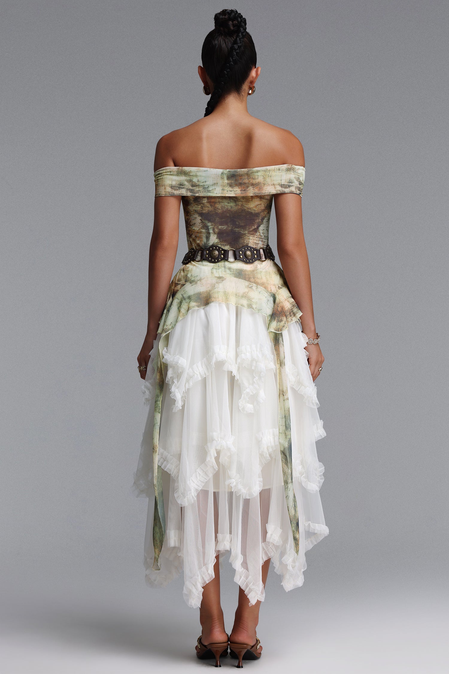 Zuly Bohemian Flowy Off Shoulder Tiered Ruffle Tulle Top and Skirt Two Piece Set	