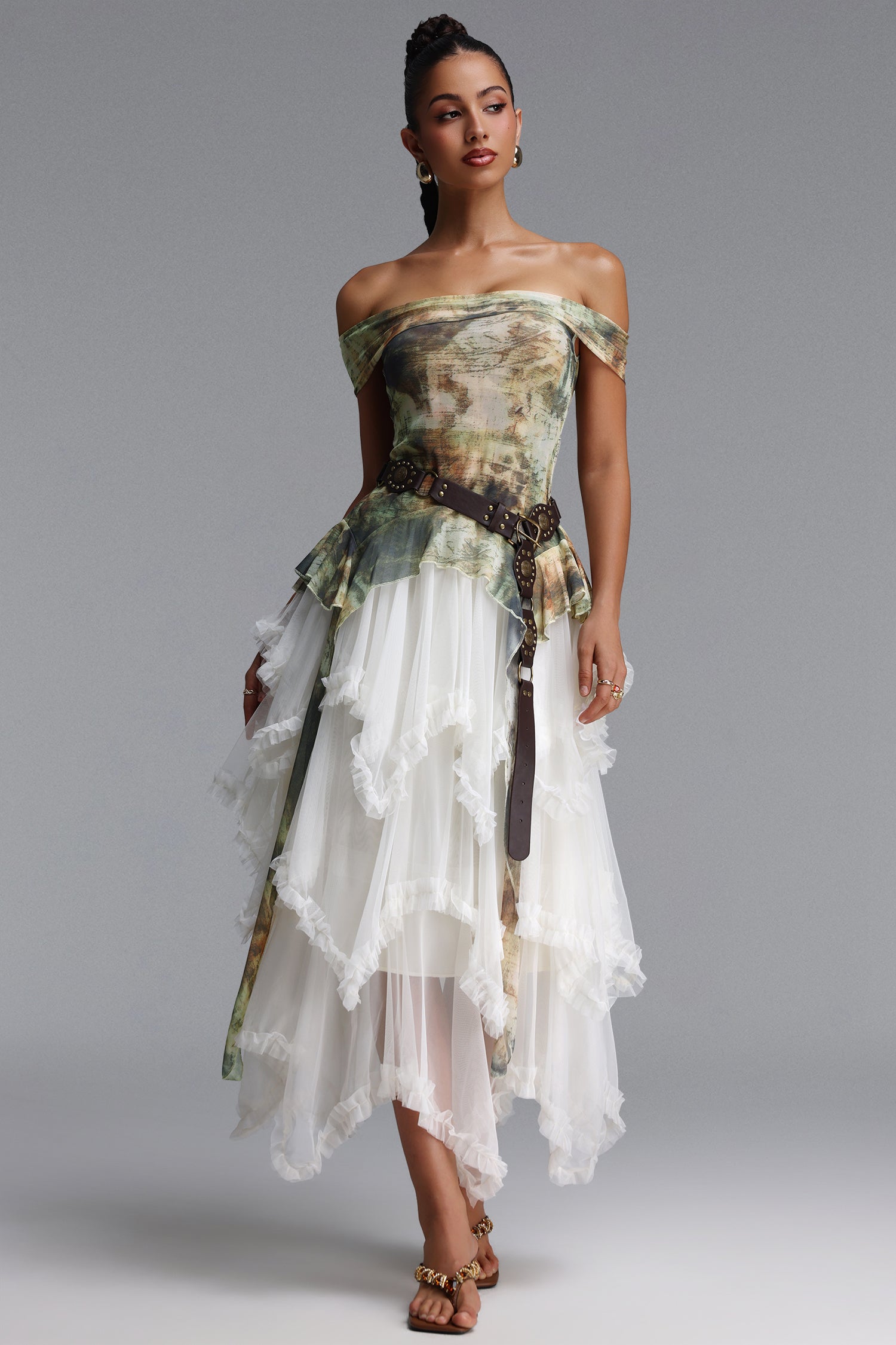 Zuly Bohemian Flowy Off Shoulder Tiered Ruffle Tulle Top and Skirt Two Piece Set	