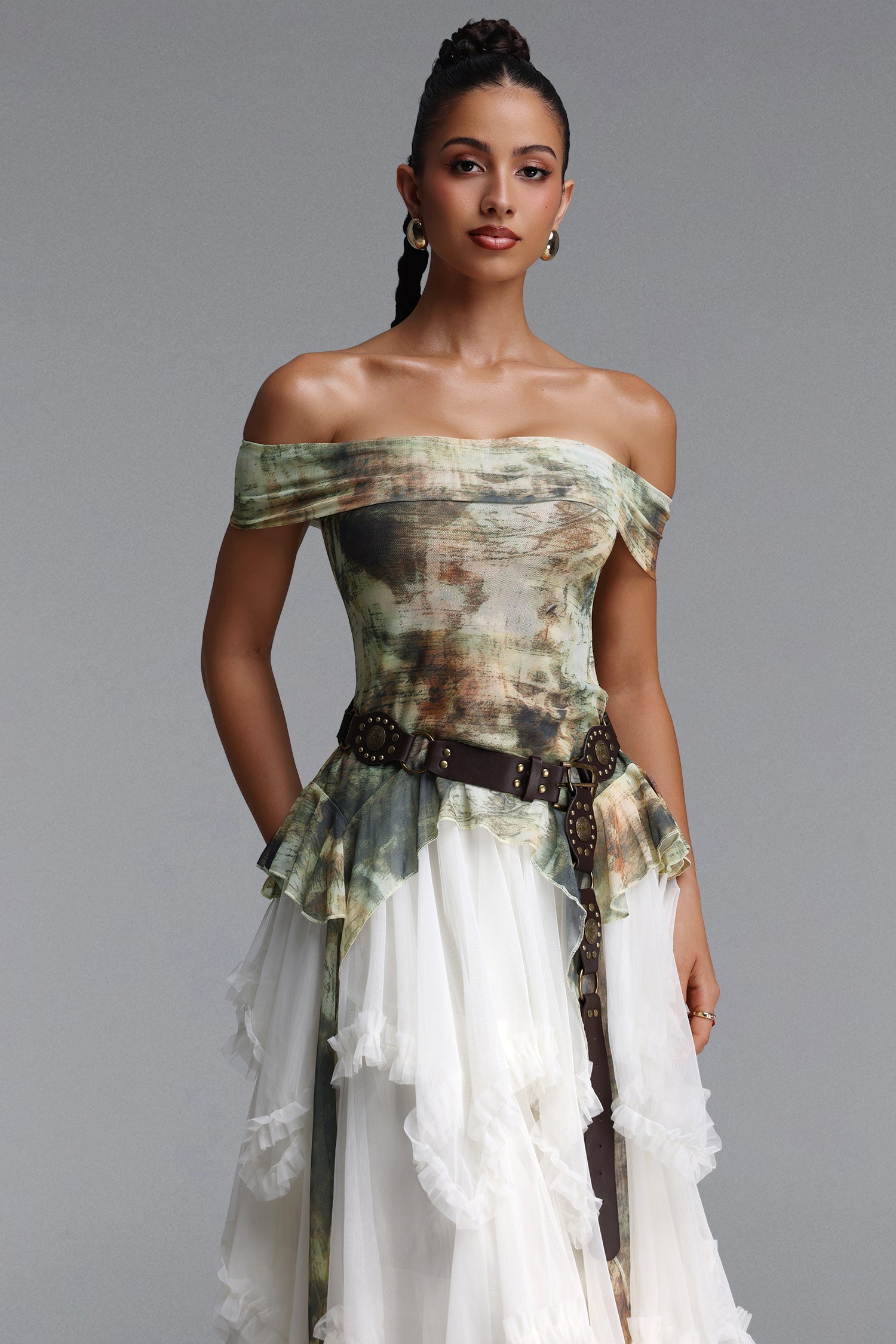 Zuly Bohemian Flowy Off Shoulder Tiered Ruffle Tulle Top and Skirt Two Piece Set	