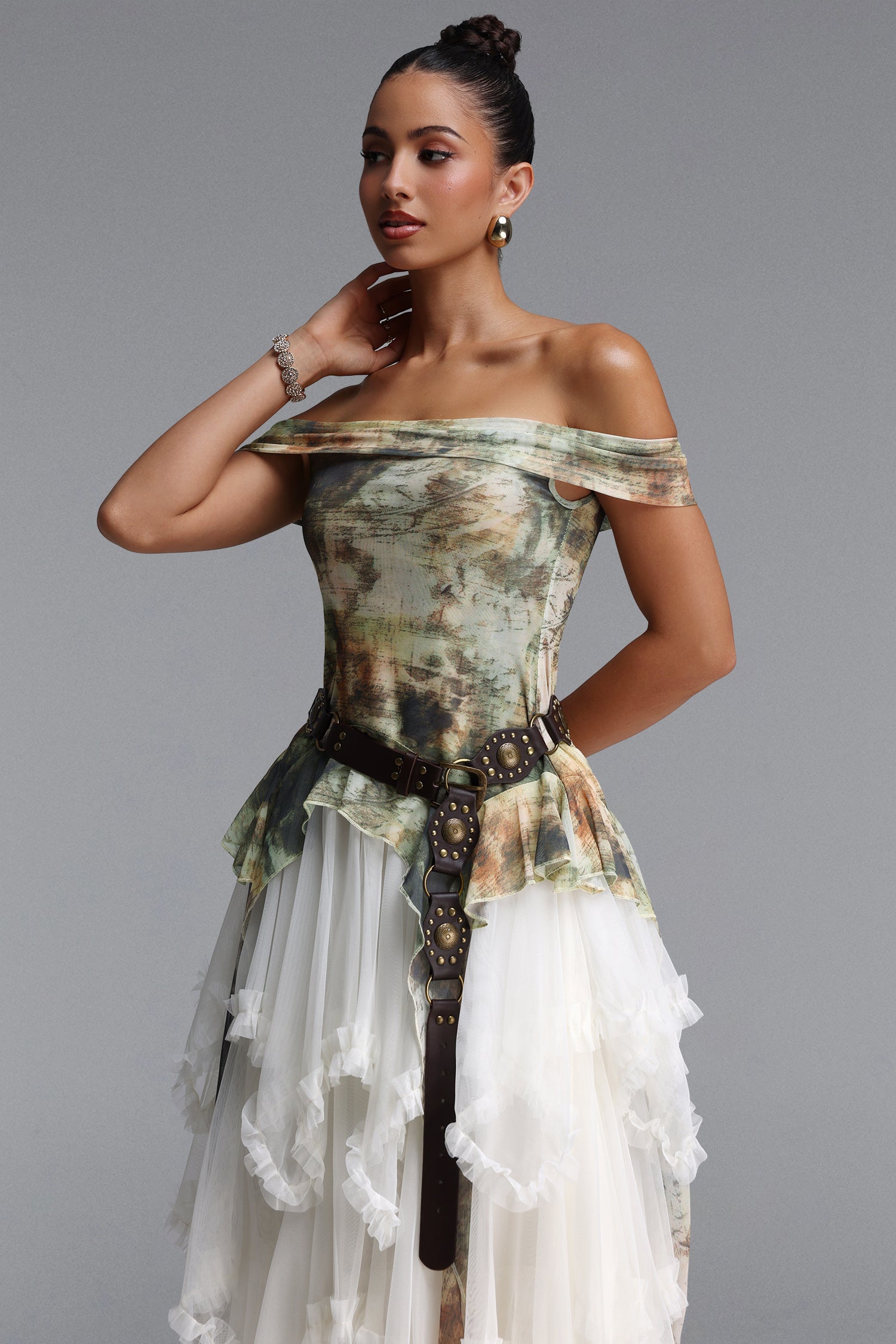 Zuly Bohemian Flowy Off Shoulder Tiered Ruffle Tulle Top and Skirt Two Piece Set	