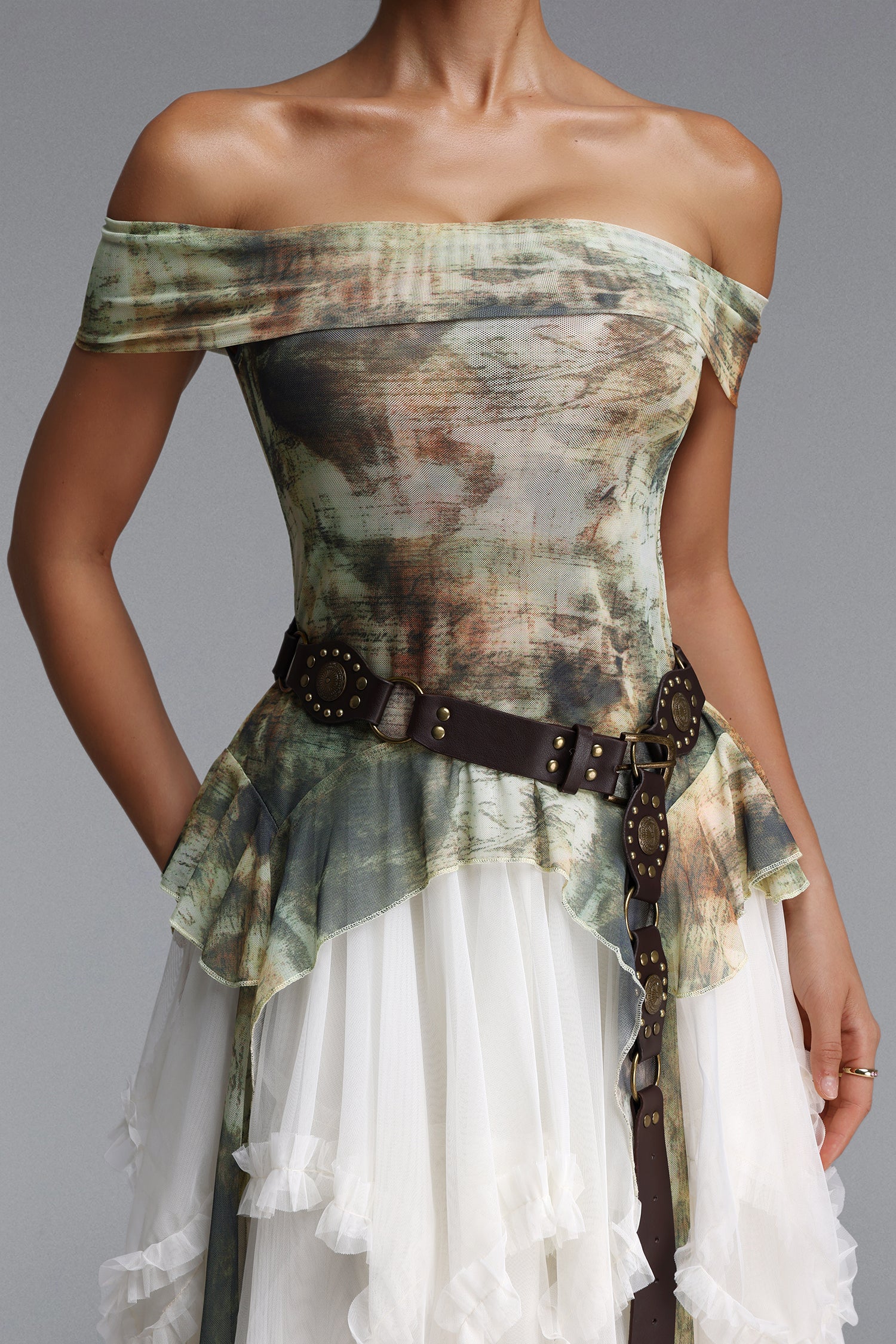 Zuly Bohemian Flowy Off Shoulder Tiered Ruffle Tulle Top and Skirt Two Piece Set	