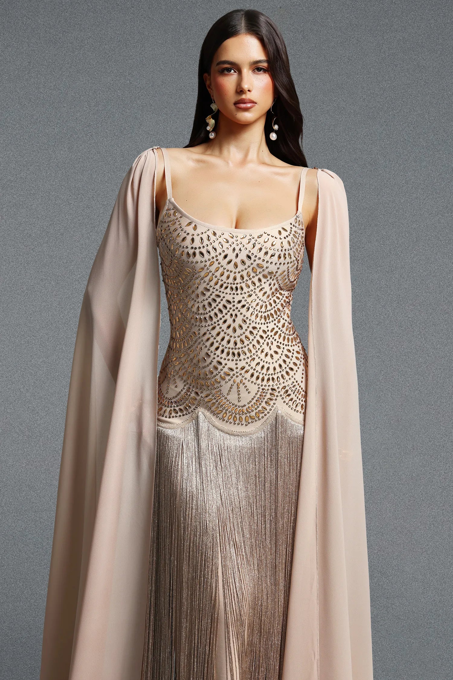 Ikara Elegant Spaghetti Strap Rhinestone Fringe Cape Bandage Maxi Dress