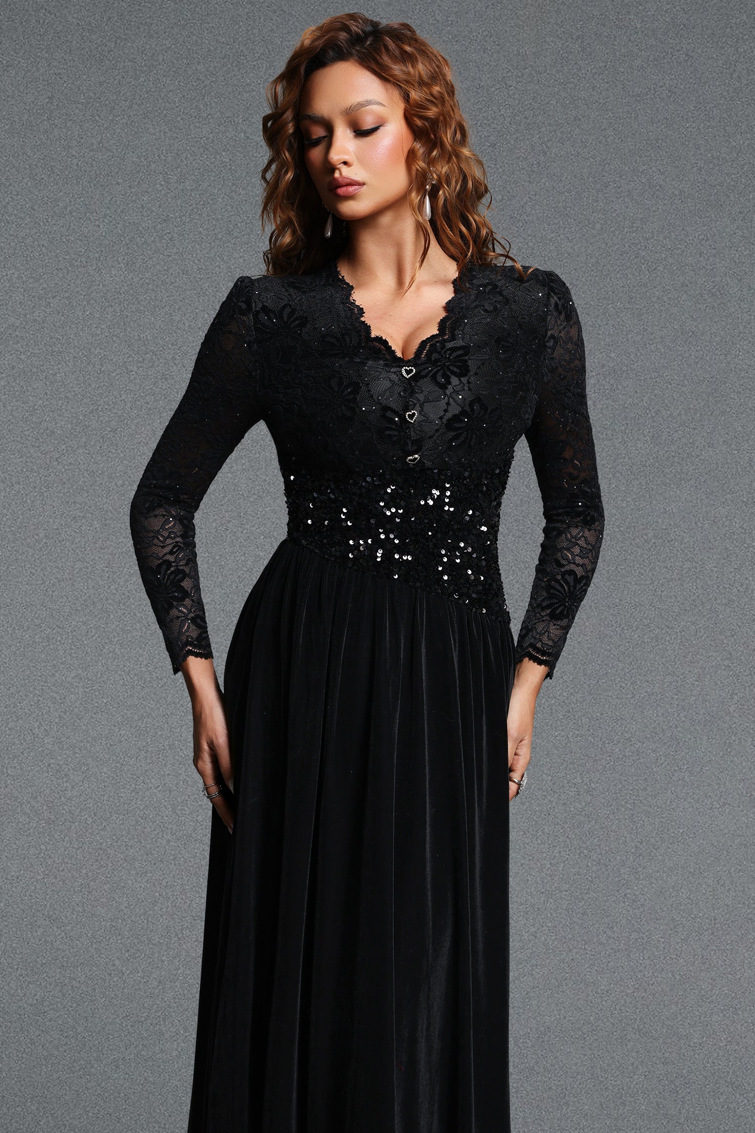 Matne Vintage Contour V-Neck Long Sleeve Floral Lace Spliced Sequin Velvet Maxi Dress	