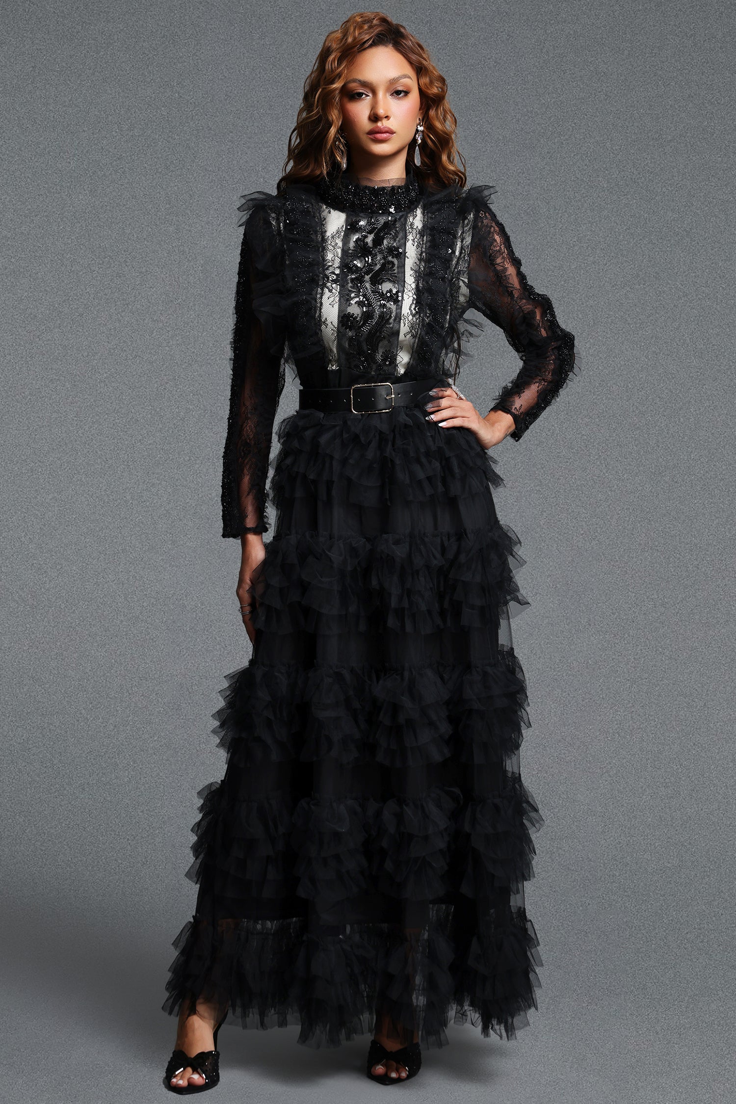 Metta Vintage Flowy High Neck Long Sleeve Sequin Woven Maxi Dress	