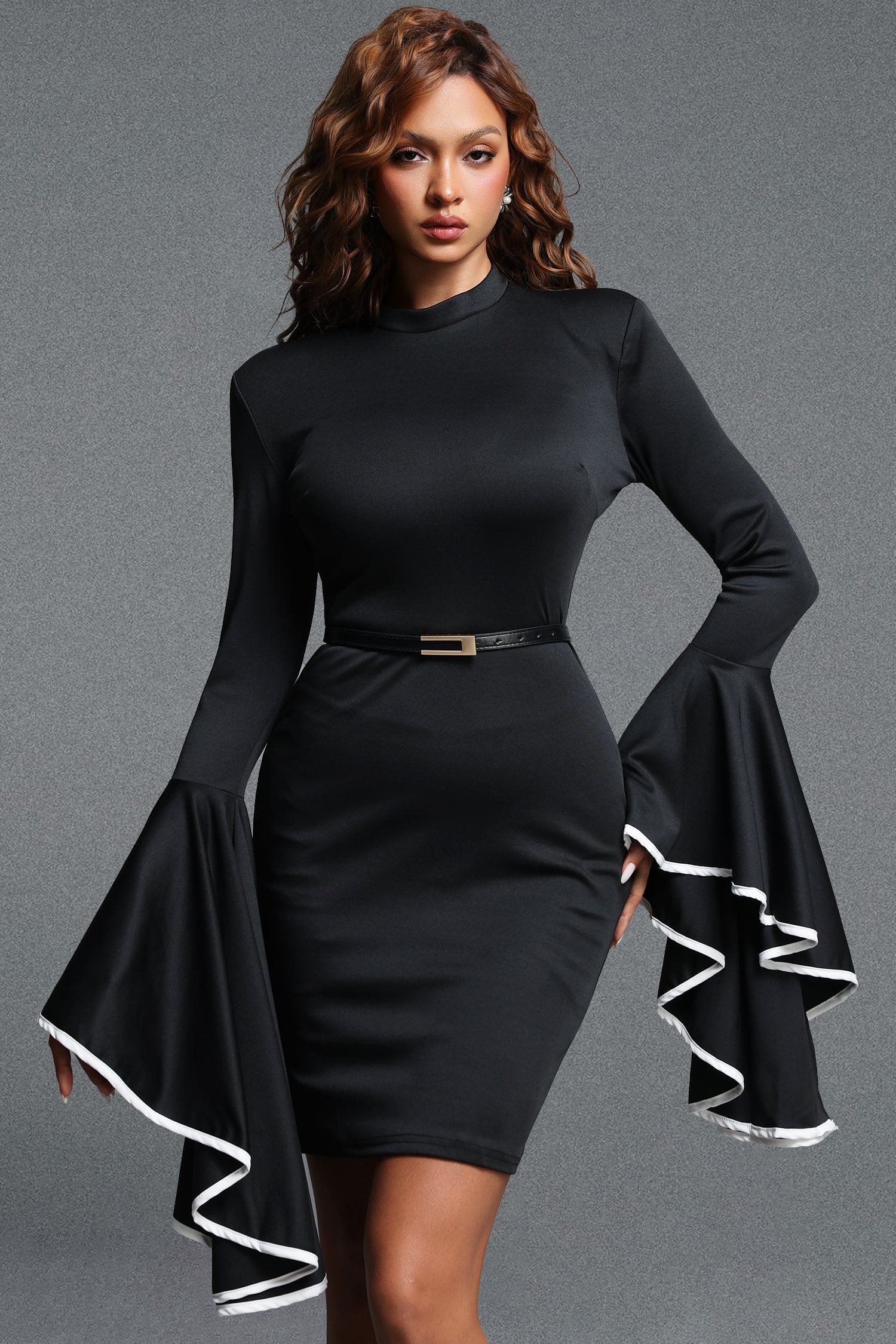 Eurin Chic Contour Mock Neck Long Sleeve Ruffle Woven Mini Dress	