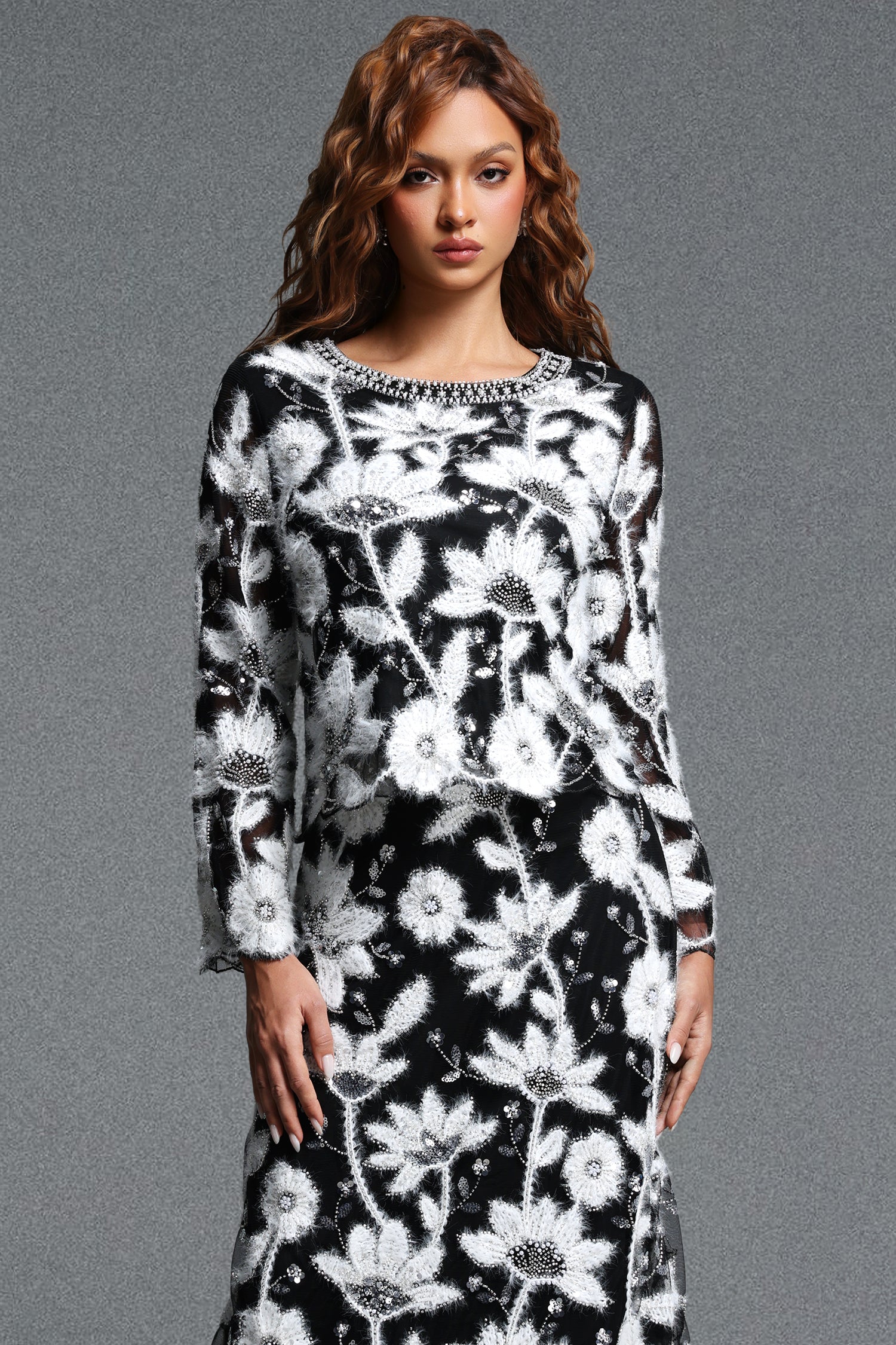 Sami Elegant Round Neck Long Sleeve Embroidered Sequined Floral Flocked Top	