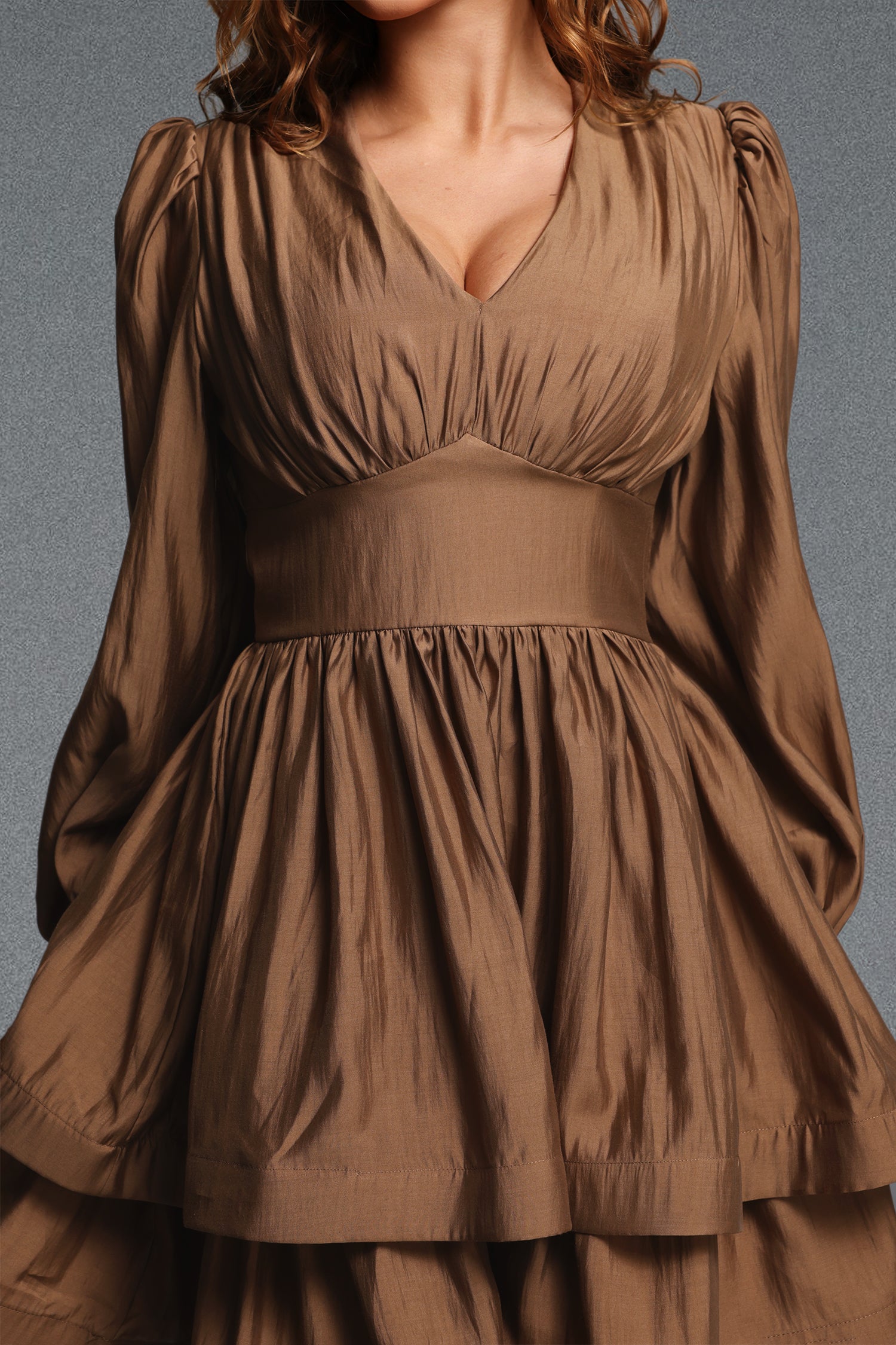 Rereny Chic Flowy V-Neck Long Sleeve Ruched Tiered Woven Mini Dress	