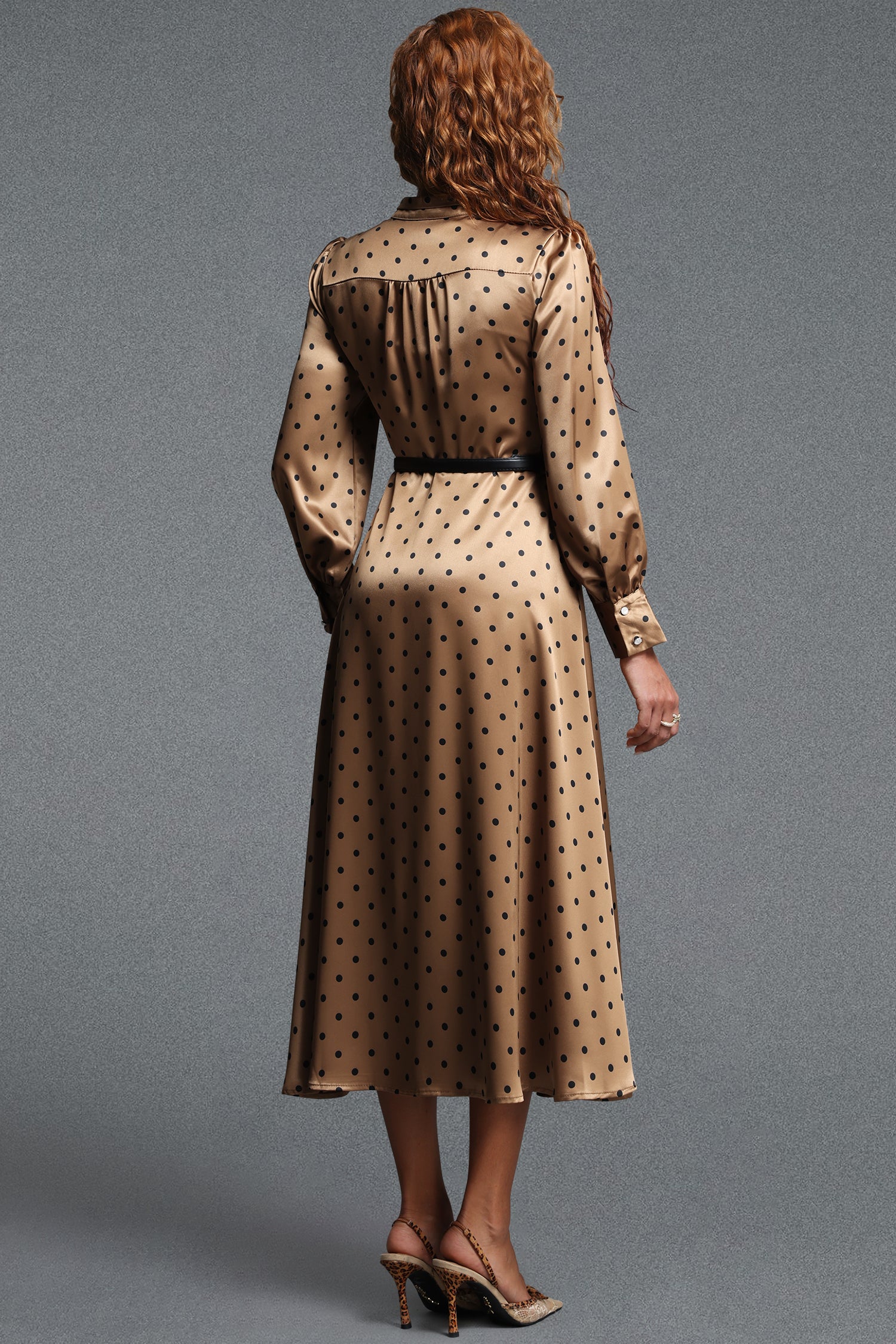 Pelosy Vintage Tailored Long Sleeve Polka Dot Satin Khaki Maxi Dress	