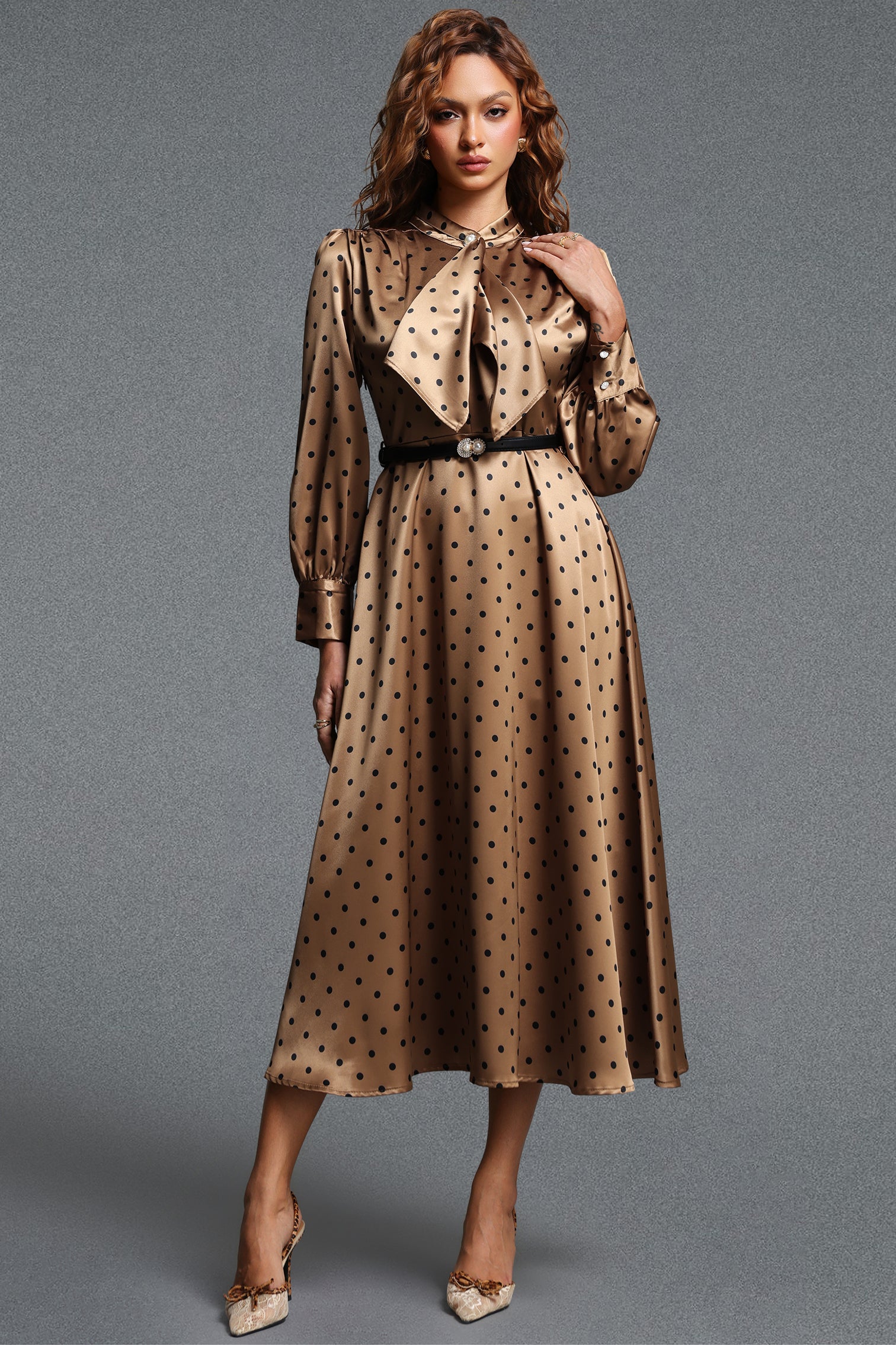 Pelosy Vintage Tailored Long Sleeve Polka Dot Satin Khaki Maxi Dress	