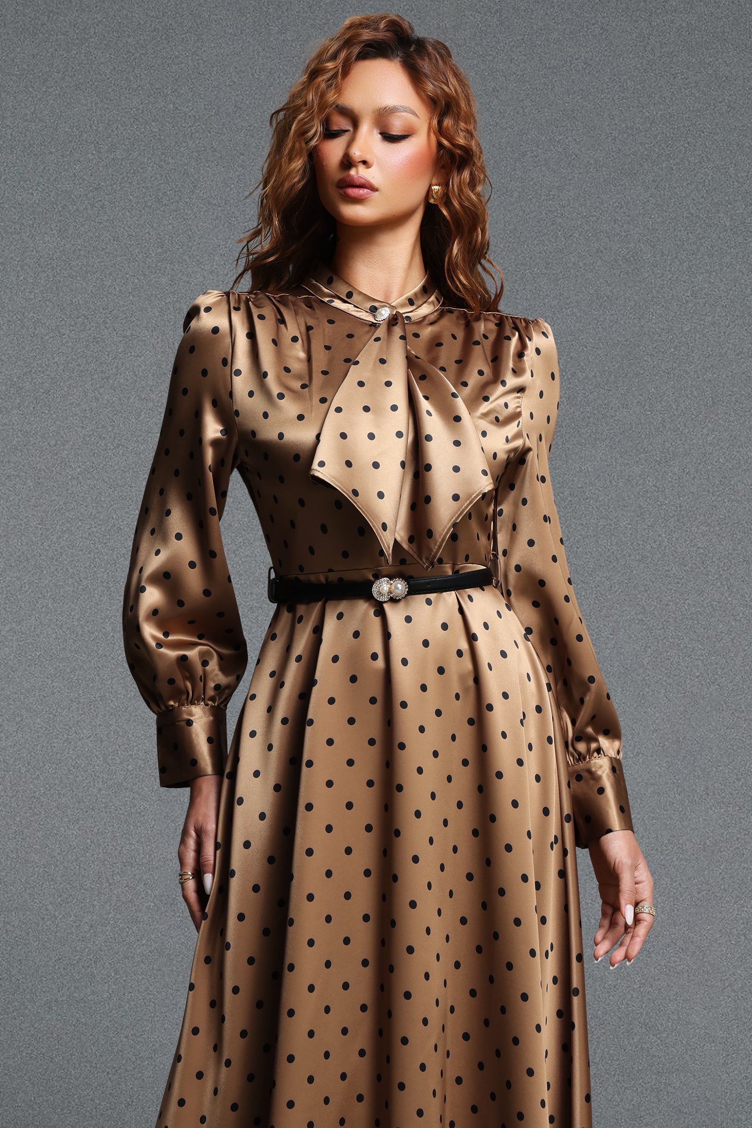 Pelosy Vintage Tailored Long Sleeve Polka Dot Satin Khaki Maxi Dress	